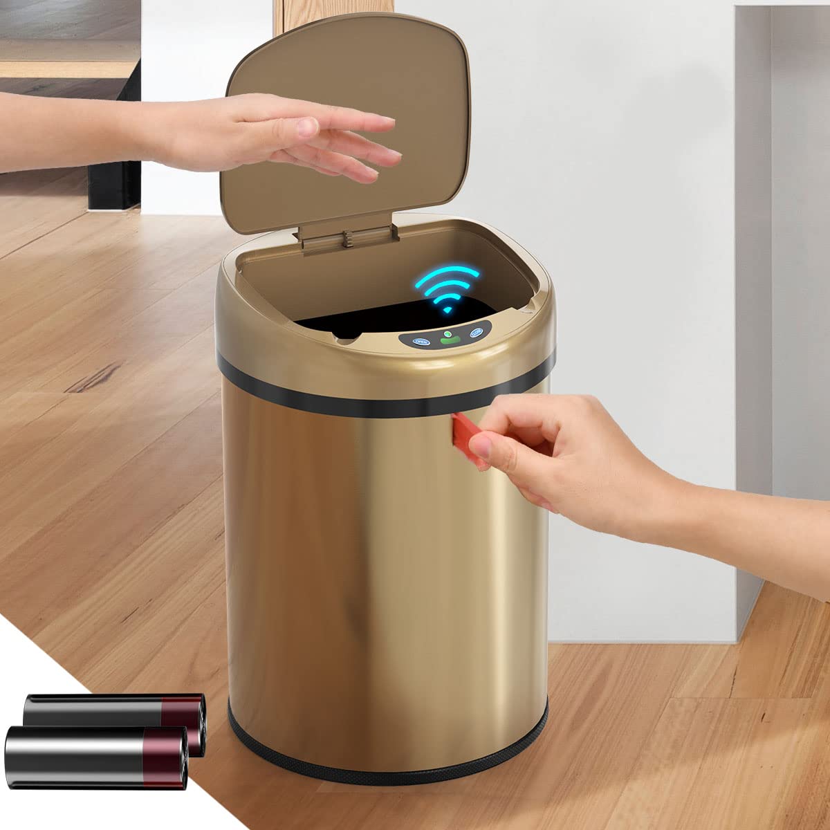 Smart Trash Can 3.5 Gallon Automatic Sealing Stainless Steel Garbage Bin - Touchless Sensor Trash Can with Odor Control for Kitchen, Bathroom, Office - Hands-Free Waste Disposal Solution (Champagne Gold)