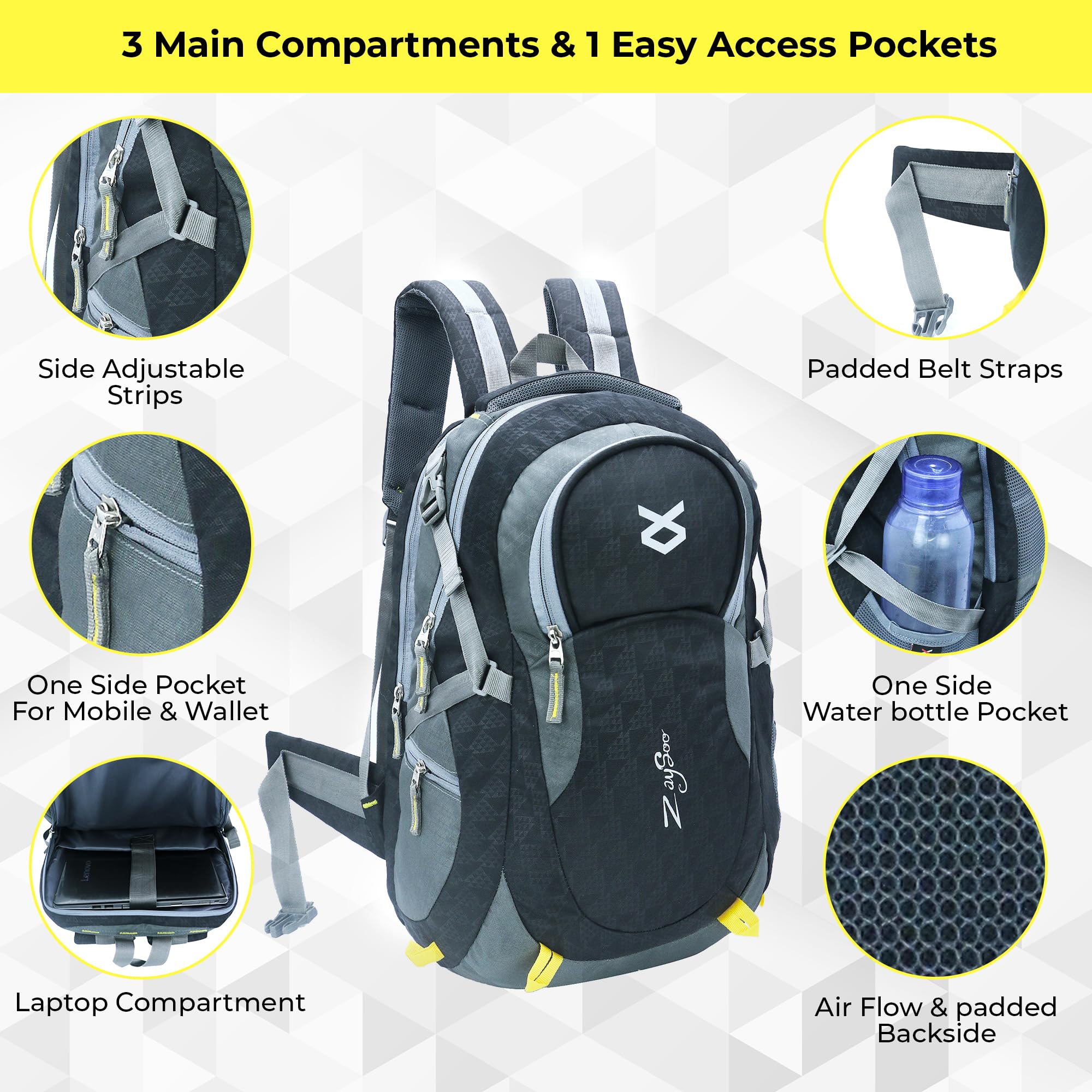 ZaySoo Ultimate Unisex Waterproof Travel & Hiking Backpack - 19-Inch Laptop Compartment with Rain Cover & Internal Organizer - Perfect for College, Commuting & Outdoor Adventures