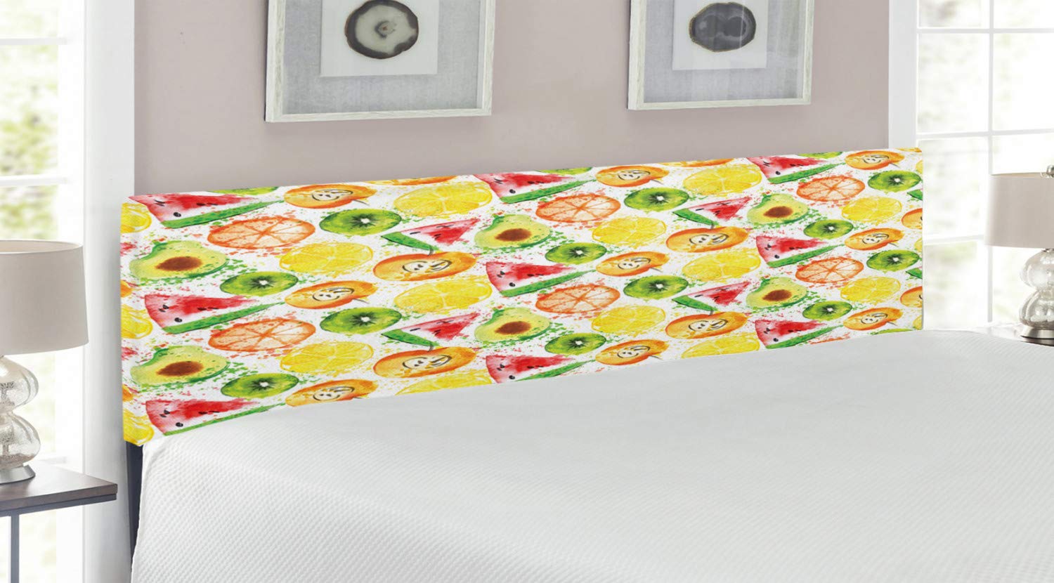 Ambesonne Fruit Headboard - Watermelon Kiwi Peach Orange Avocado Lemon Grunge Watercolor Art Upholstered Metal Bed Frame with Memory Foam | King Size Multicolor Decorative Headboard for Bedroom, Guest Room & Kids Room