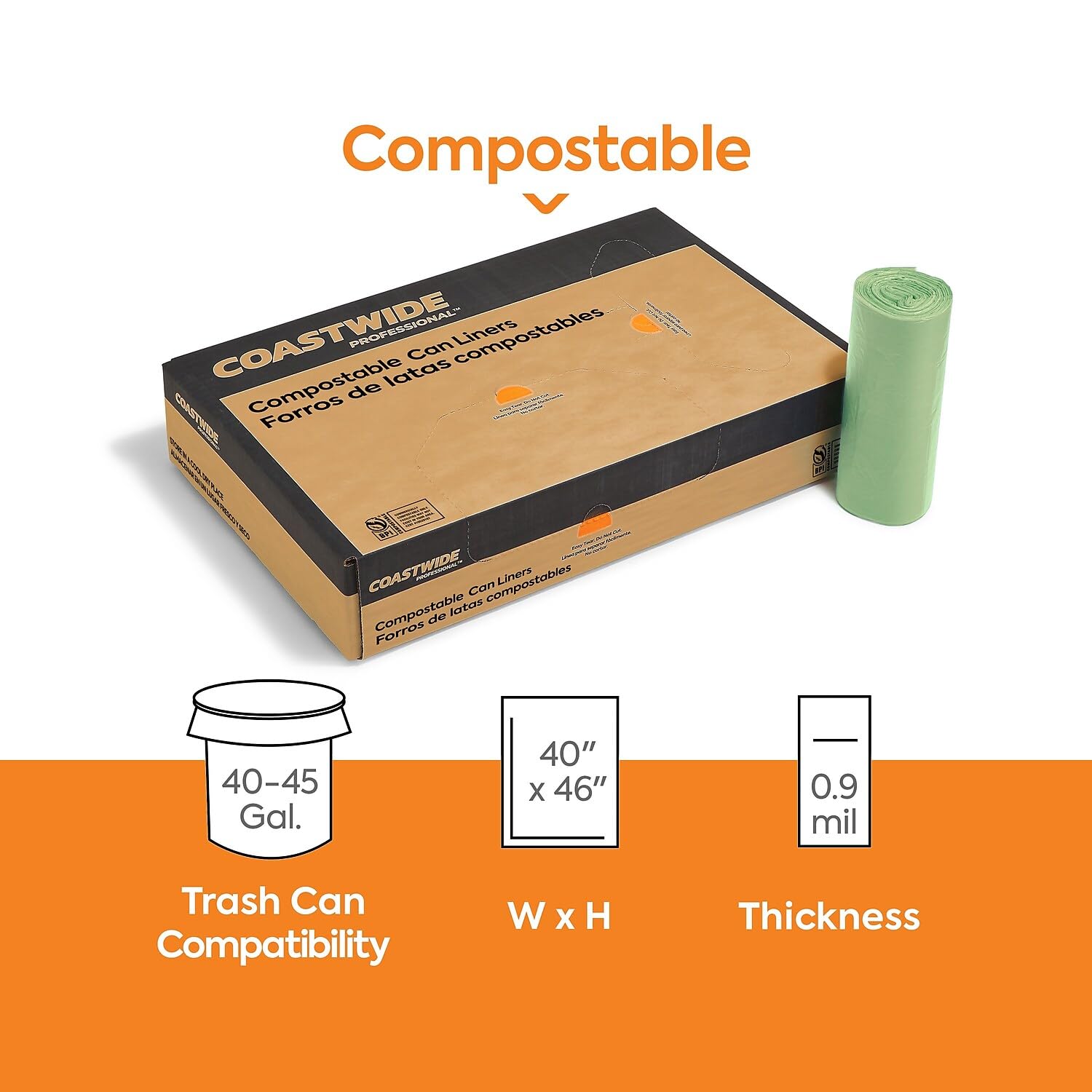 Heritage Y8046TER01 Biodegradable Compostable Trash Bags 45 Gallon - 0.9 Mil Thick, 40x46 Inch, Green (Pack of 100) - Eco-Friendly Kitchen & Yard Waste Liners for Sustainable Home & Commercial Use