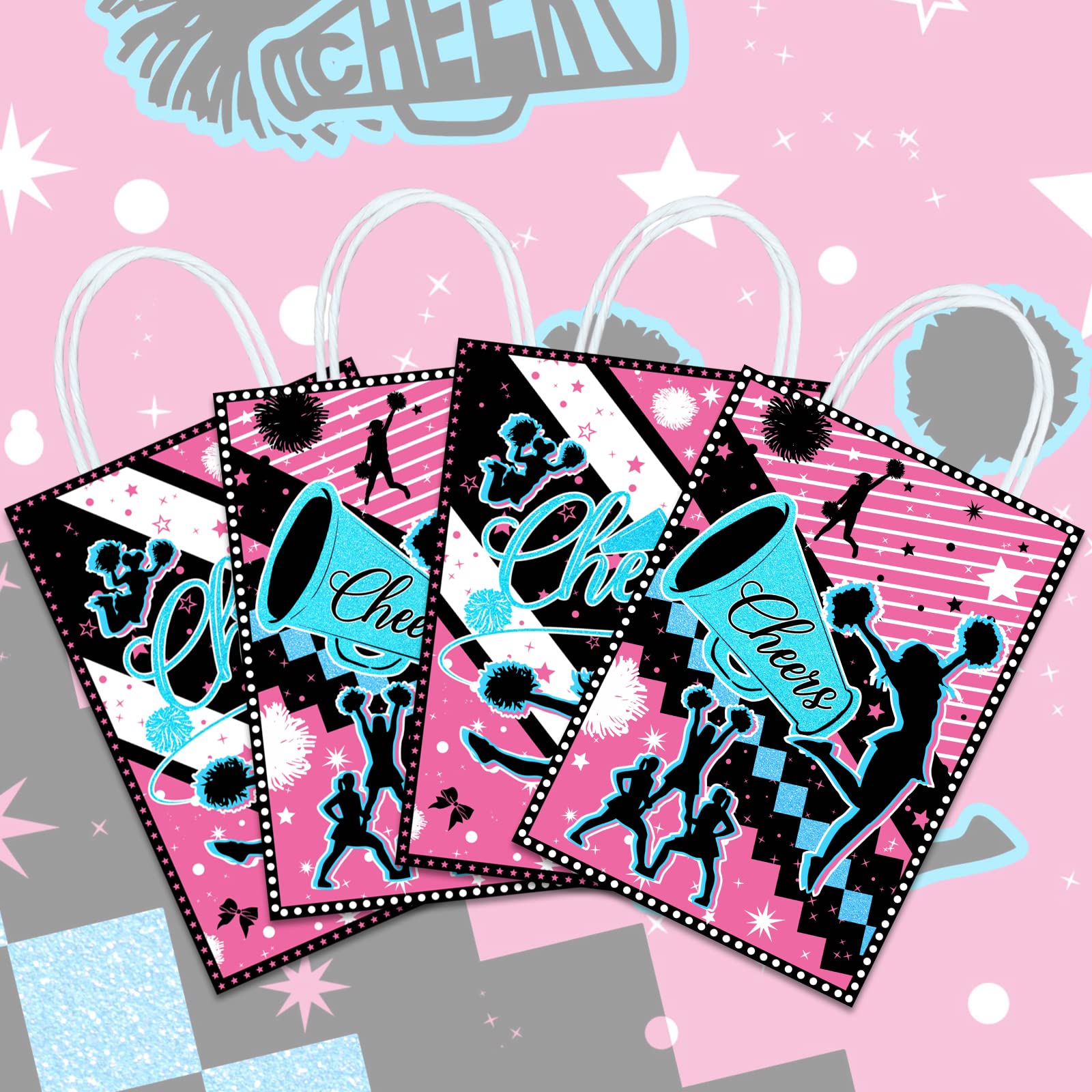 16-Piece Cheerleading Goodie Bags Set - Cheerleader Theme Party Supplies for Gymnastics, Birthday & Team Events - Includes Snack Treat Bags with Handles - Perfect for Cheerleading Decorations, Team Gifts & Party Favors