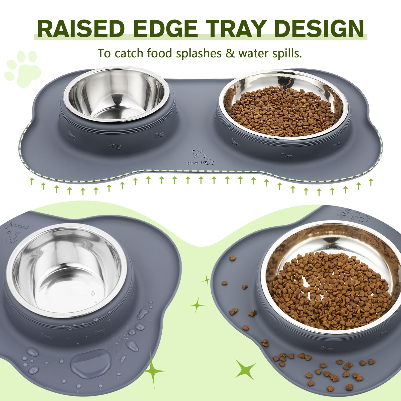**Pecute Non-Slip Stainless Steel Dog Bowls Set - 2 Pack (14oz Each) with Anti-Spill Silicone Mat for Cats, Puppies & Small Dogs - Perfect for Food & Water Feeding at Home or Travel (Grey)**