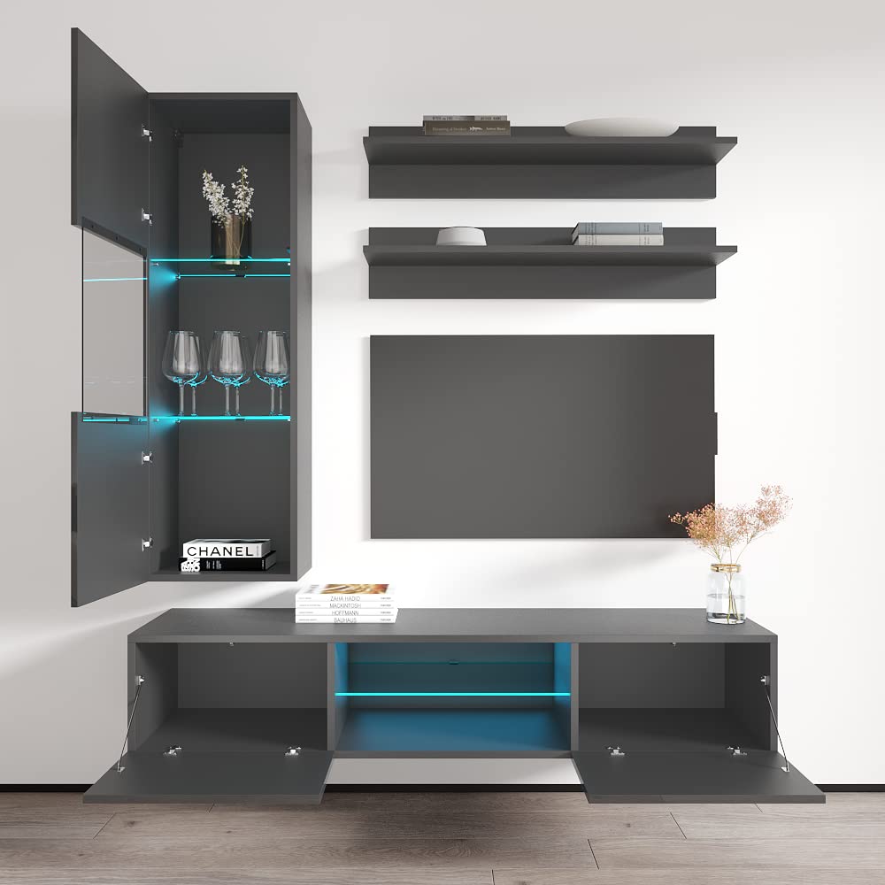 Modern Wall-Mounted TV Stand with Storage Shelves & LED Lights - 33