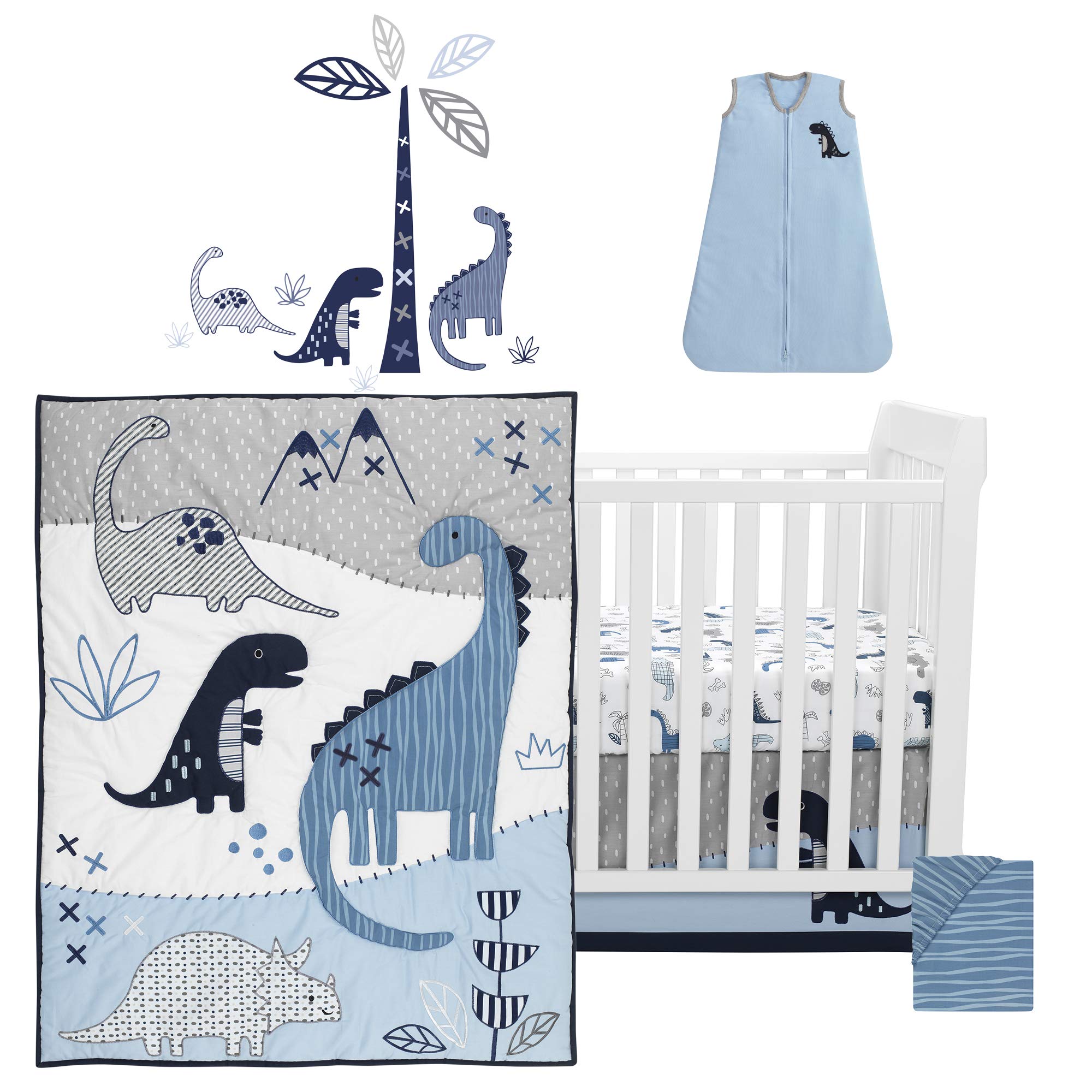 Lambs & Ivy Baby Dino Blue & White Dinosaur Nursery 6-Piece Crib Bedding Set - Soft Crib Sheets, Bumper, Skirt & More for Boys & Girls Nursery Decor