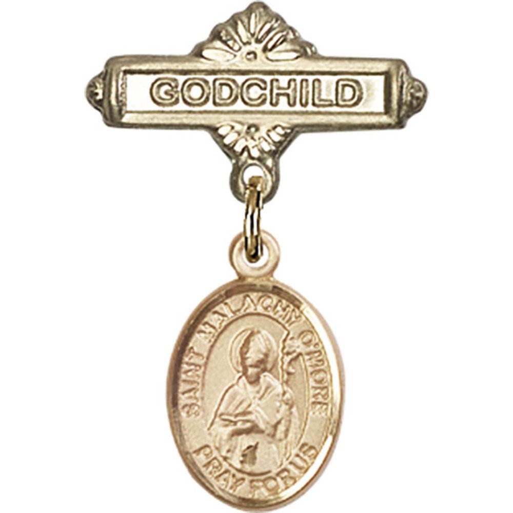 Gold Filled Baby Badge with St. Malachy O'More Charm - 1 X 5/8 Inch Godchild Pin for Baptism, Christening & First Communion Gifts