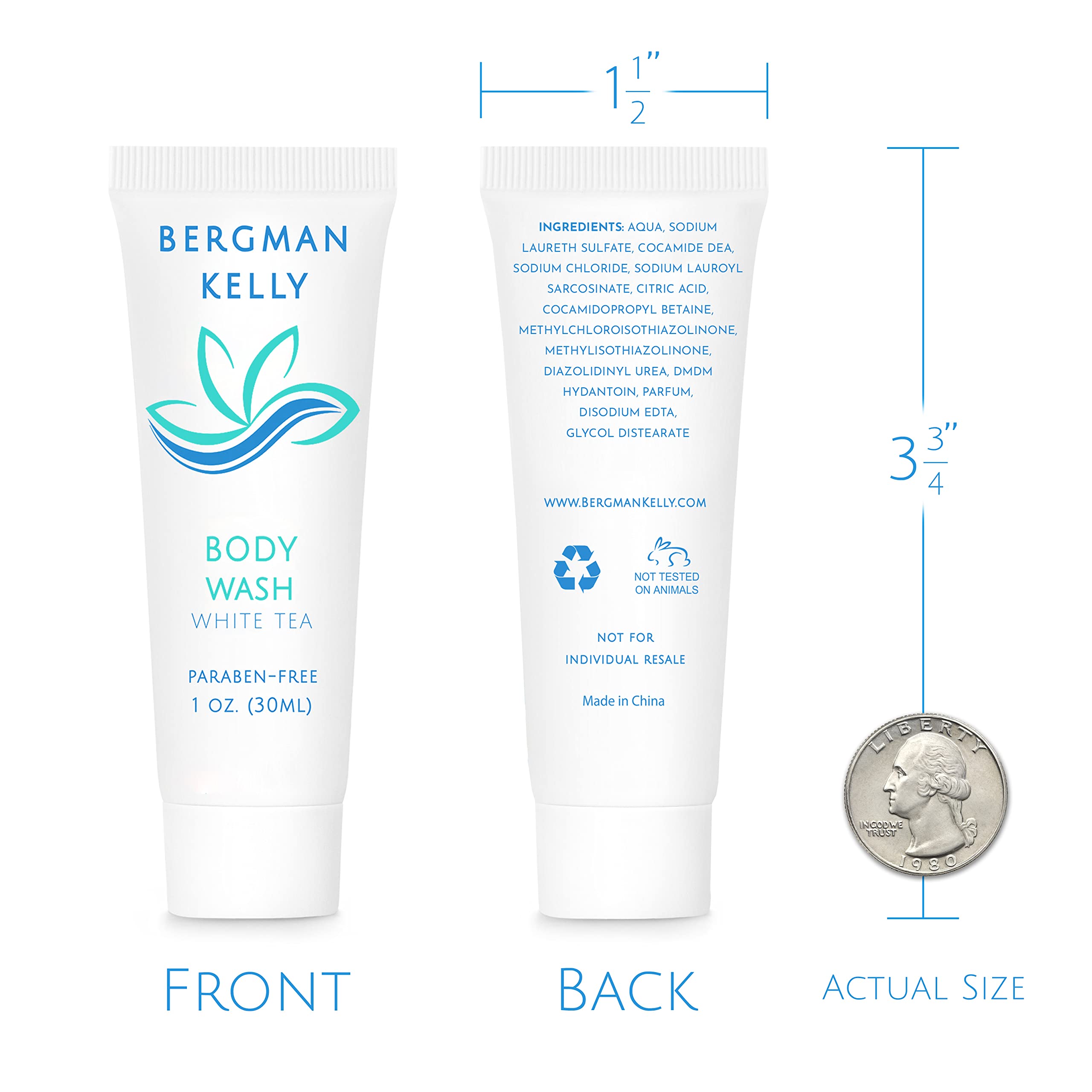 BERGMAN KELLY Travel Size Body Wash 1 fl oz (200 Pack) - White Tea Scent Hotel Amenities | Bulk Mini Toiletries for Guests | Refreshing Shower Gel for Hotels, Spas, Airbnb & Travel Essentials