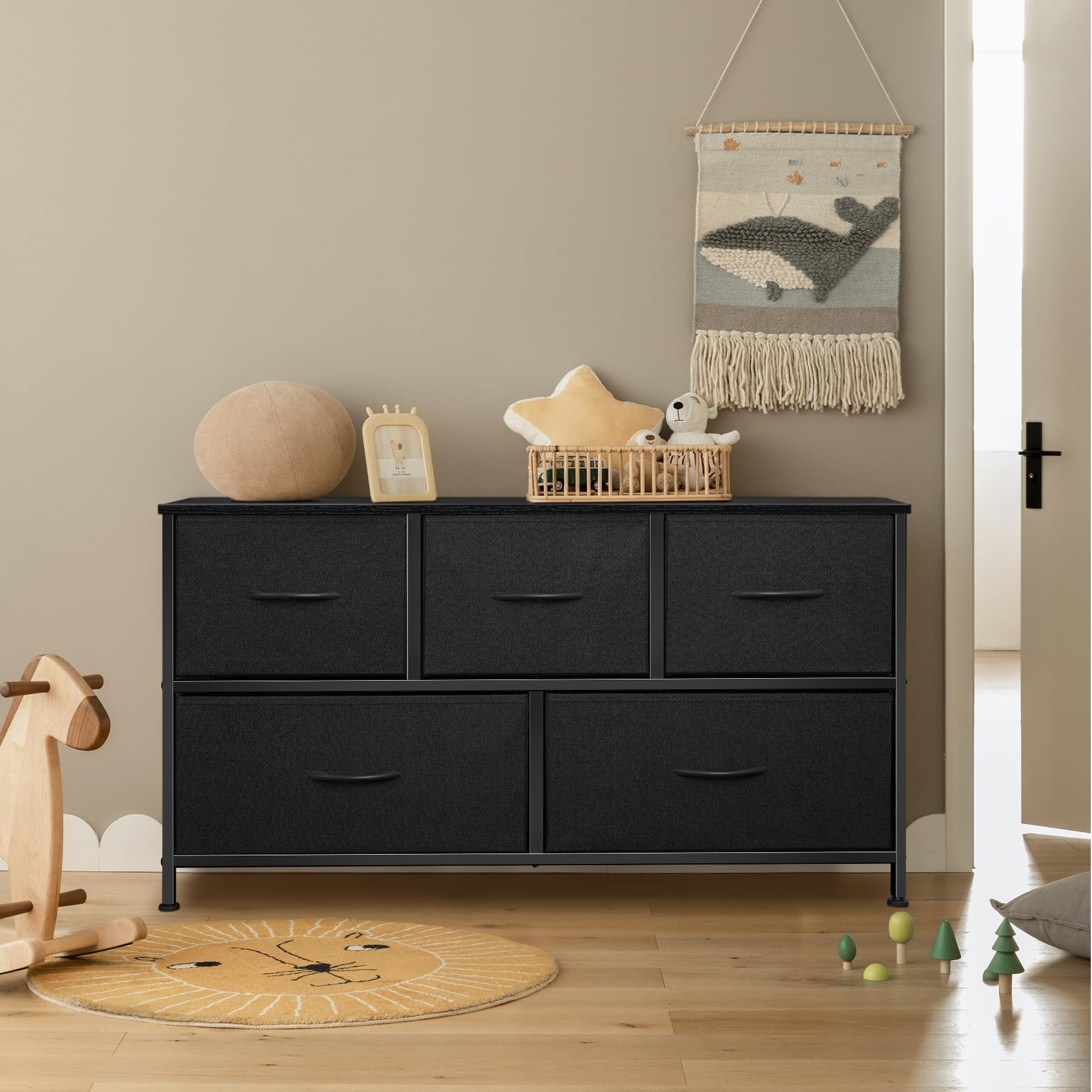 5-Drawer Fabric Dresser for Bedroom - Black & Charcoal Storage Chest with Removable Bins | Closet Organizer, Living Room Furniture & Entryway Storage Solution | Space-Saving Dresser for Small Spaces & Apartment Organization