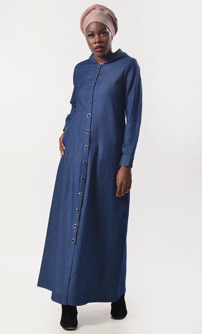 Modest Denim Button Down Abaya with Pockets - Stylish Islamic Dress for Women, Perfect for Prayer, Mosque, and Everyday Wear