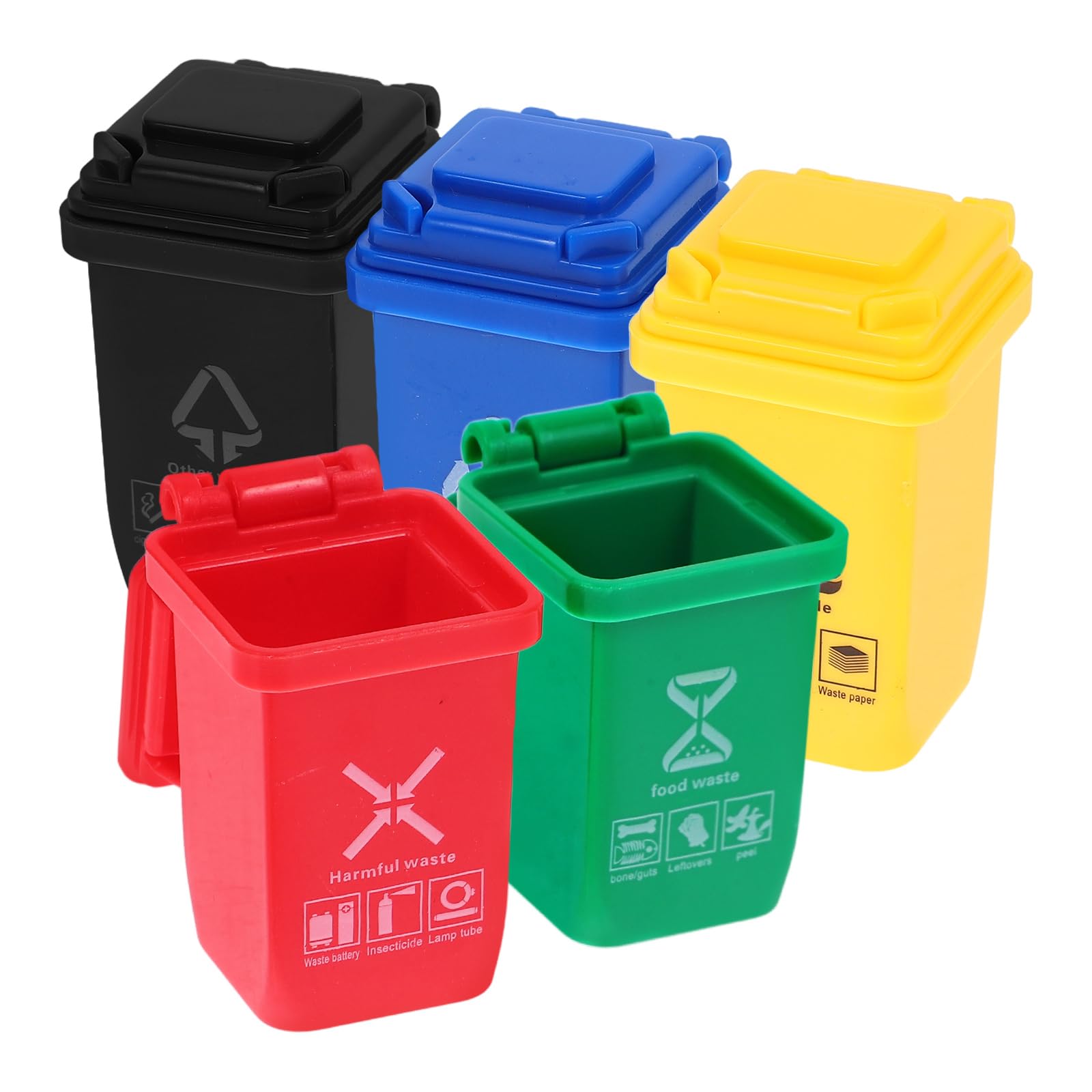 STOBOK 5Pcs Mini Trash Can Toys - 1:12 Scale Miniature Garbage Cans with Open Lids, Small Dollhouse Accessories for Kids & Toddlers - Perfect for Dollhouse Life Scenes, School Projects & Collectible Displays