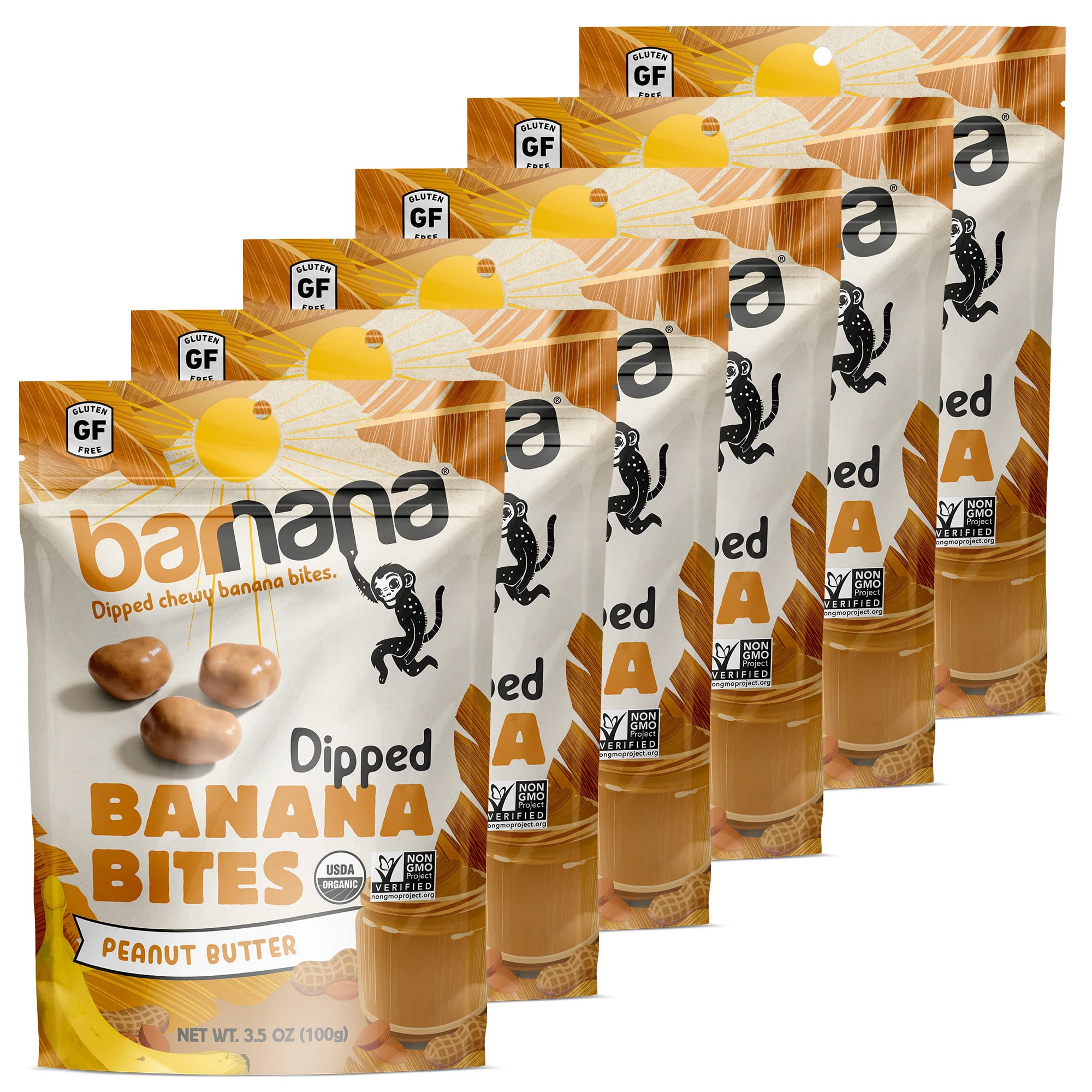 Organic Peanut Butter Dipped Banana Bites - Barnana Chewy Banana Snack Made with Real Fruit, Kosher, USDA Organic, Paleo Friendly (3.5oz, 6-Pack) | Healthy On-The-Go Snack for Kids, Hiking & Office