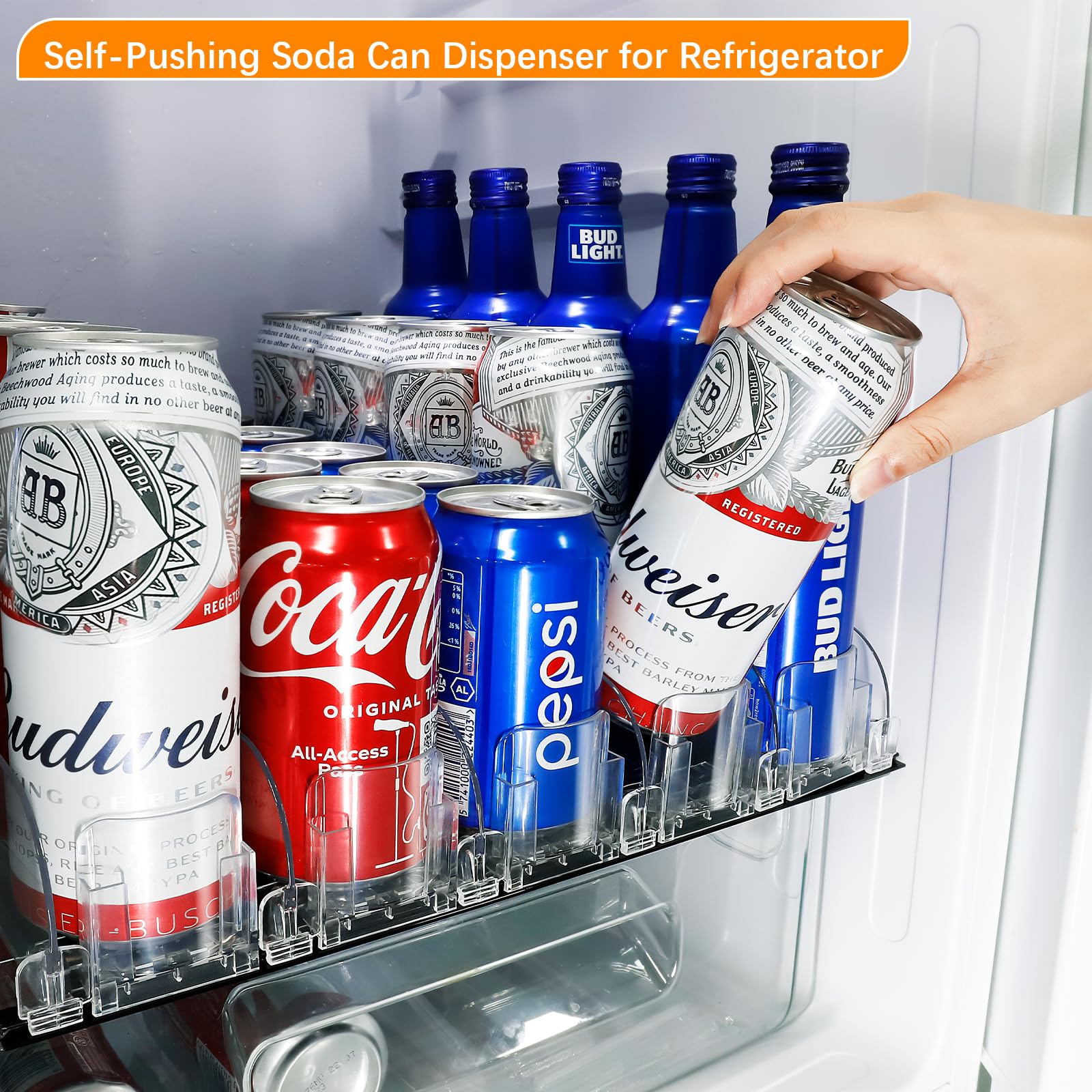 Automatic Soda Can Dispenser for Refrigerator - 5-Tier Black Drink Organizer with Dual-Spring Adjustable Width - Perfect for Kitchen, Pantry, Office & Party Beverage Storage
