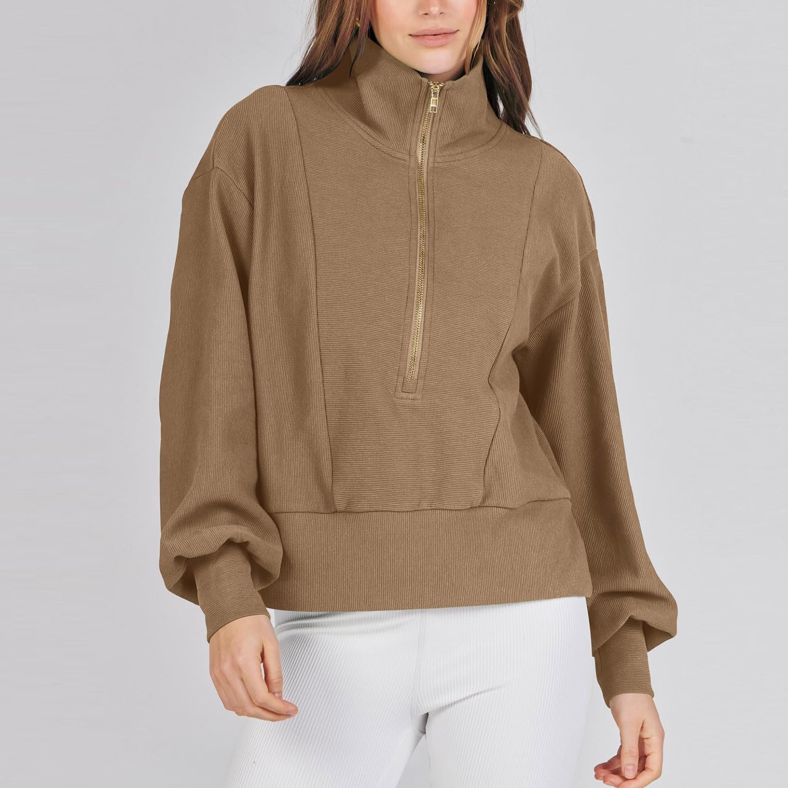 Women's Half Zip Cropped Sweatshirt - Fleece Quarter Zip Pullover with Rib Knit Detail | Y2K Fashion for Fall 2023 | Perfect for Casual Outfits, Layering & Streetwear Looks