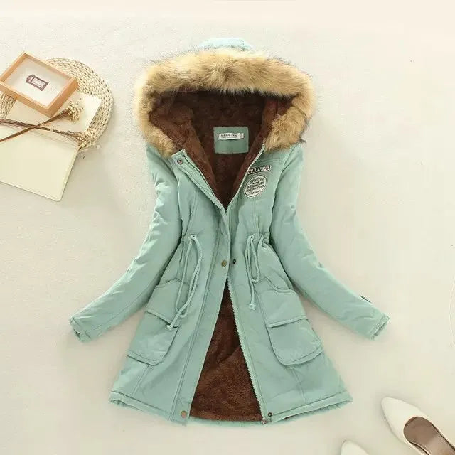 Women's Cotton Padded Jacket - Slim Fit Embroidered Hooded Parka for Autumn & Winter | Warm Quilted Overcoat for Casual Wear & Outdoor Activities