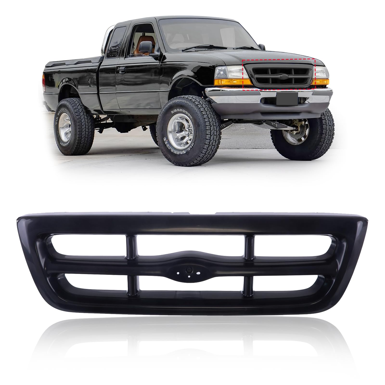 1998-2000 Ford Ranger Front Grille Assembly - Black Replacement Grill (FO1200344 F87Z8200FA) | Perfect for Off-Roading & Truck Restoration Projects