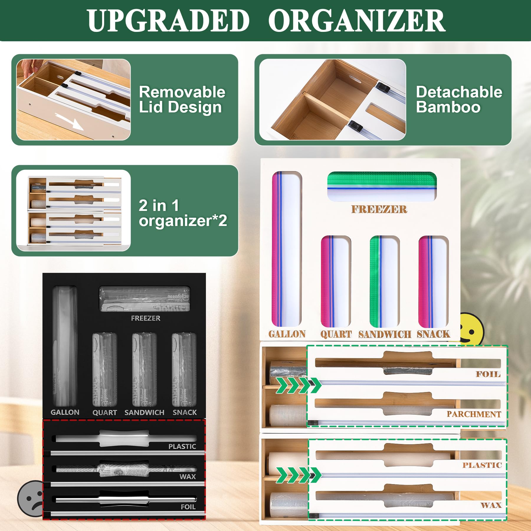 Calmbee 9-in-1 Bamboo Kitchen Organizer - Plastic Wrap & Foil Dispenser with Cutter, Storage Bag Organizer for Gallon, Quart, Sandwich Bags - Perfect for Kitchen Drawer Organization (White, Large) - Ideal for Food Storage, Meal Prep & Home Organization
