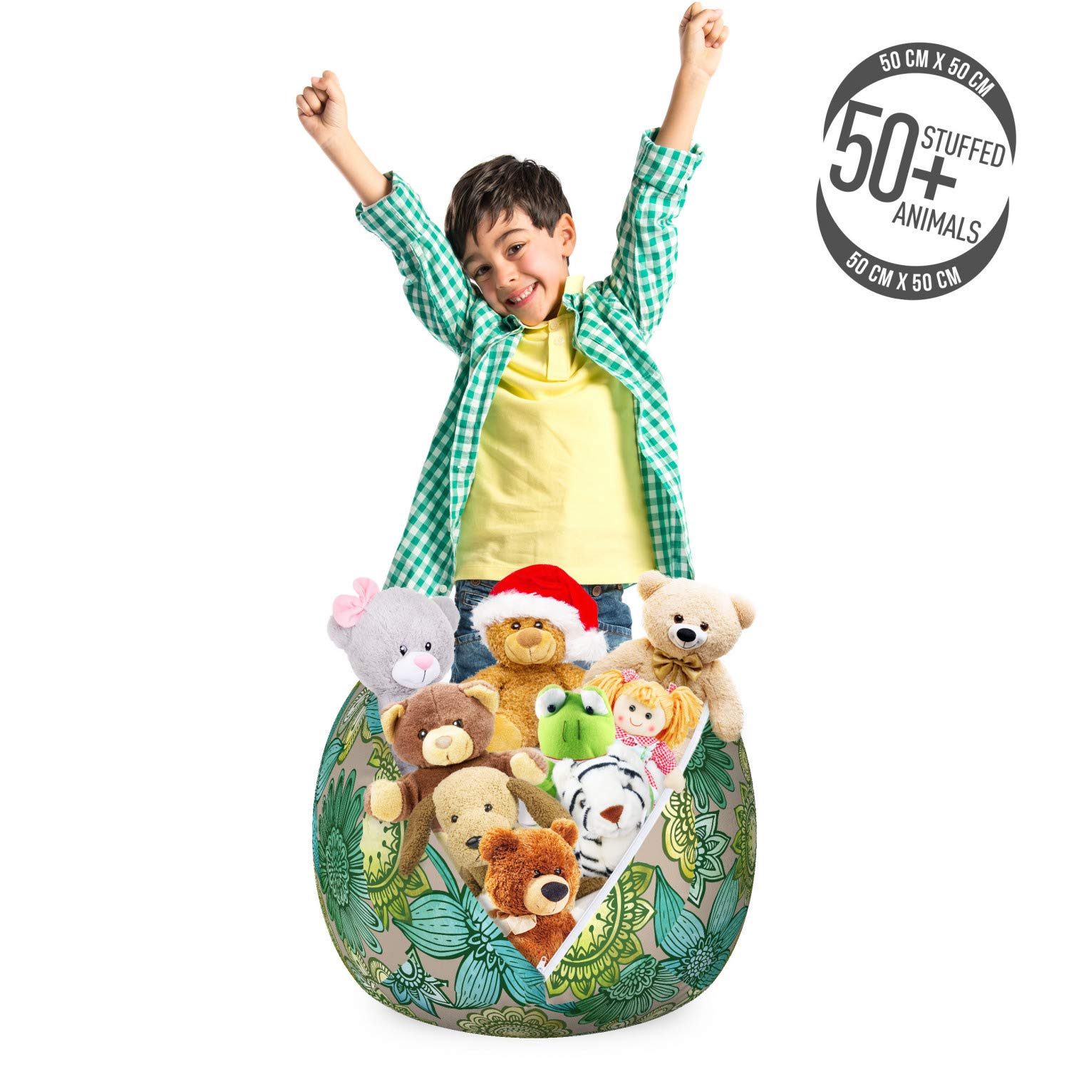 Ambesonne Ethnic Toy Storage Bag Chair - Traditional Oriental Blossom Bouquet Pattern with Flower Petals, Washable Stuffed Animal Organizer for Kids Room, Small Size in Turquoise Beige Green - Perfect for Nursery Decor & Playroom Organization