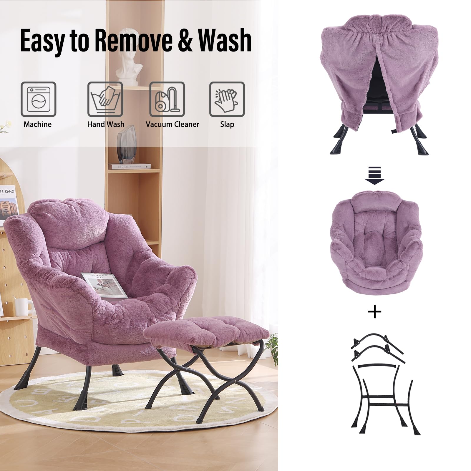Oversized Lounge Chair with Ottoman - Modern Accent Chair with Folding Footrest, Plush Purple Reading Chair for Bedroom, Study & Living Room - Perfect for Relaxing, Reading & Small Space Decor