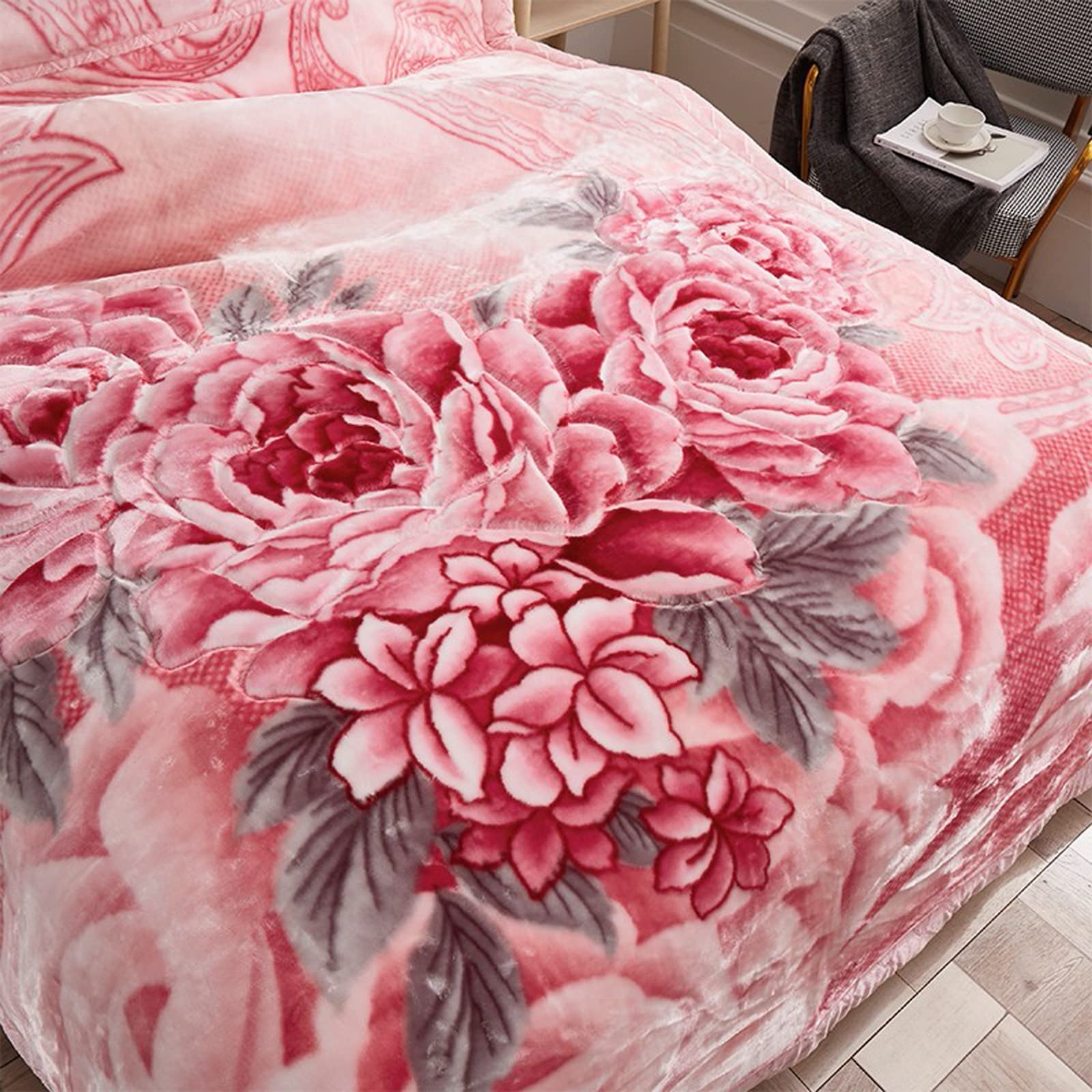 Premium Korean Mink Fleece Blanket - Ultra Soft 2-Ply Plush Horse & Sakura Design in Orange - King Size Winter Blanket for Bed, Couch & Gift Giving