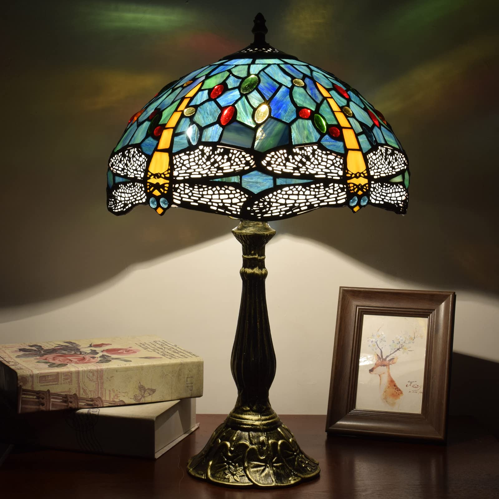 12 Inch Mediterranean Blue Dragonfly Tiffany Table Lamp - European Stained Glass Lampshade for Bedside, Desk & Living Room Decor | Perfect for Bedroom, Coffee Bar & Art Display