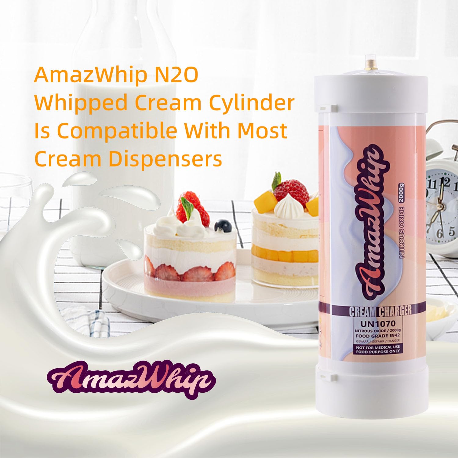 AmazWhip 3.3L Nitrous Oxide Cream Charger Cylinder (1 Pack) - Professional Whipped Cream Dispenser Refill for Desserts, Coffee & Baking
