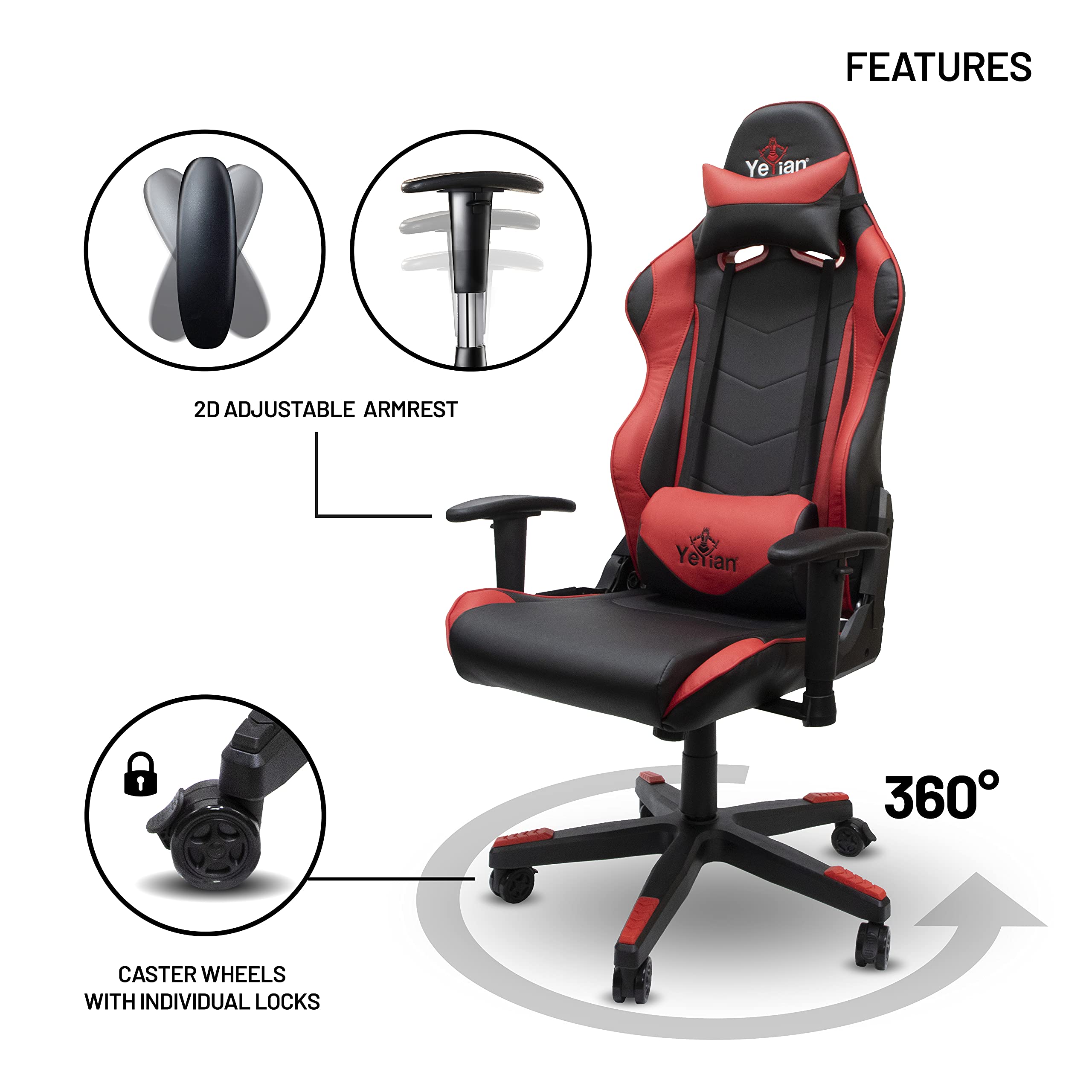 YEYIAN Ergonomic Gaming Chair with Lumbar Support - Adjustable Reclining PC Racing Seat for Esports, Office & Home - High Back Computer Chair with Headrest, Soft Cushion & 330lbs Capacity (Red) - Perfect for Long Gaming Sessions & Work from Home Comfort
