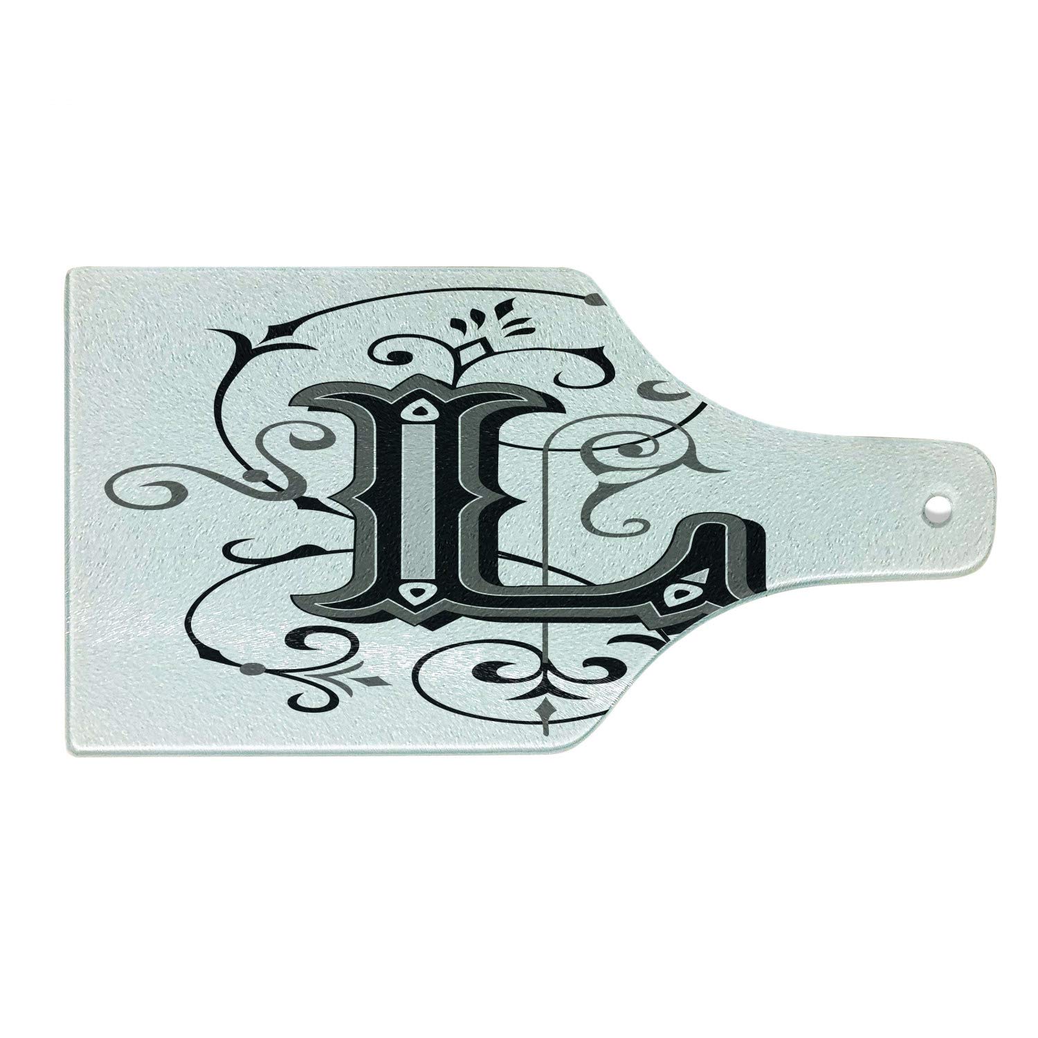 Ambesonne Letter L Cutting Board - Ornate Capital L Calligraphy Initials - Tempered Glass Serving Board for Cheese, Charcuterie & Wine - Medieval Style Black Grey White Design - Perfect for Family Gatherings & Dinner Parties