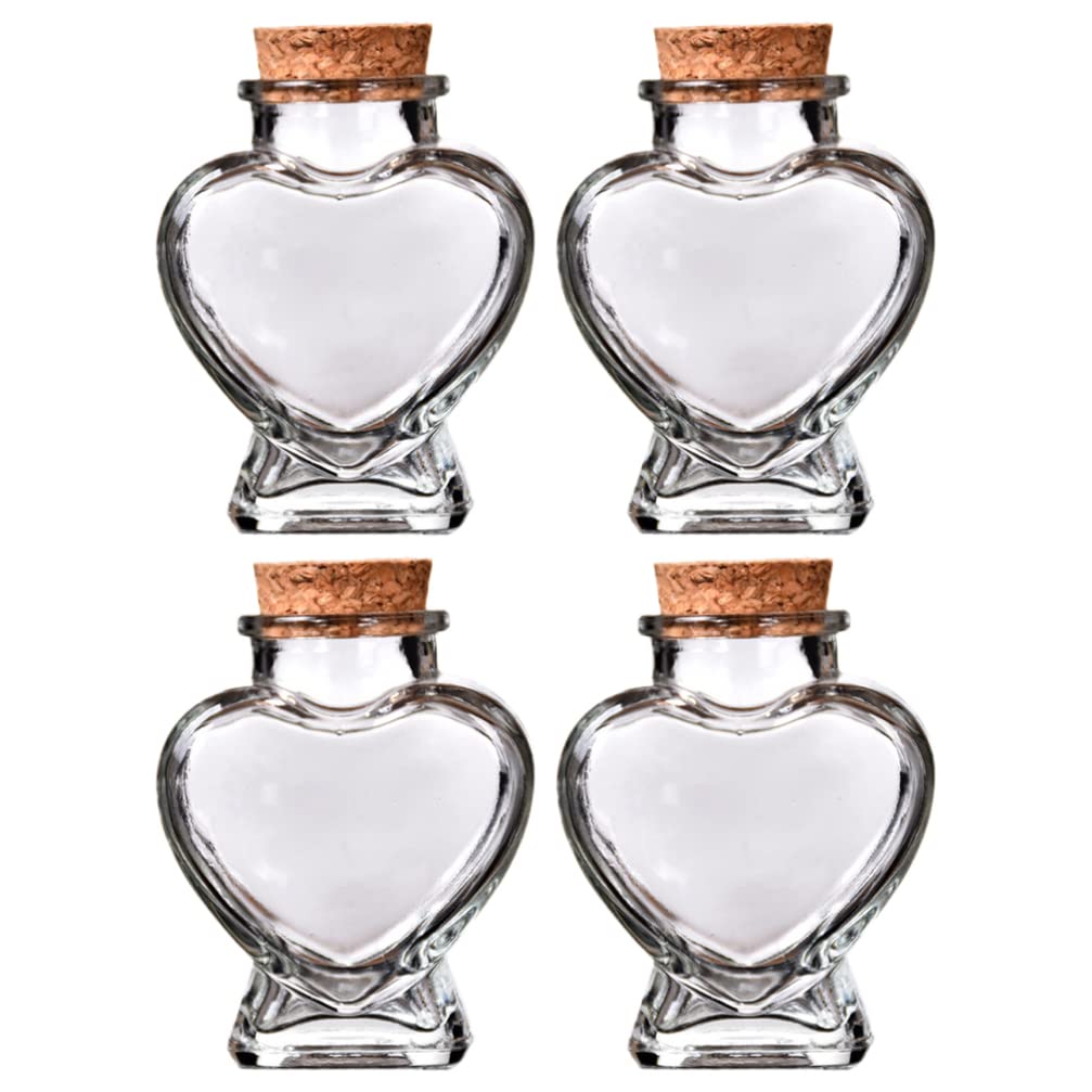 Heart Shaped Glass Jars with Cork Stoppers - Set of 4 Wish Message Bottles for Wedding Favors, Party Decor & DIY Crafts | Cabilock