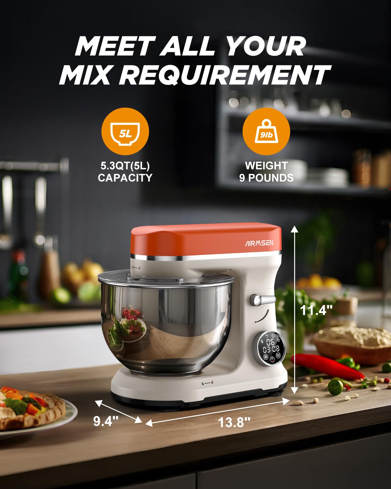 AIRMSEN 5.3QT Stand Mixer with LED Touchscreen & Timer - 11-Speed Tilt-Head Electric Dough Mixer for Baking Bread, Cakes, Cookies - Includes 3-in-1 Attachments (Beige & Orange) - Perfect for Home Bakers and Professional Kitchens