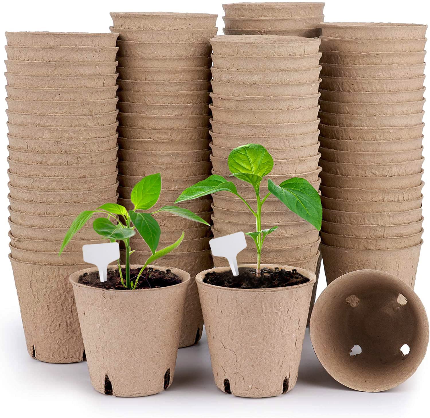 UNIPRIMEBBQ 100-Pack Biodegradable Peat Pots for Seedlings - 3.15 Inch Seed Starter Pots with 20 White Plant Labels - Ideal for Indoor Gardening, Greenhouse Planting & Organic Herb Cultivation