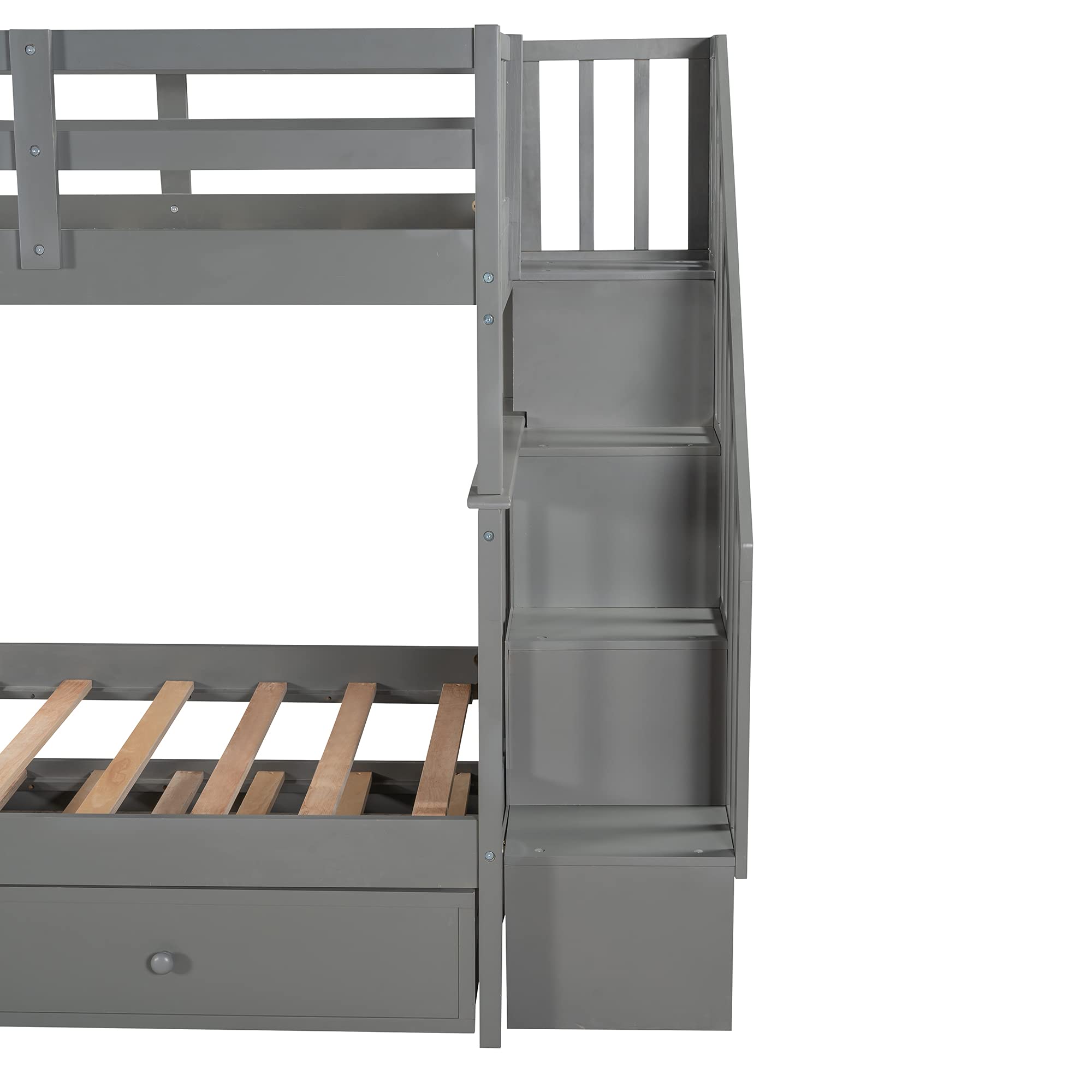 Twin Over Twin Bunk Bed with Trundle & 4-Step Storage Staircase - Safety Guard Rail Included - Space-Saving Bedroom Solution for Kids, Teens, Dorm Rooms & Small Spaces - No Box Spring Required - Perfect for Sleepovers, Guest Rooms & Shared Bedrooms