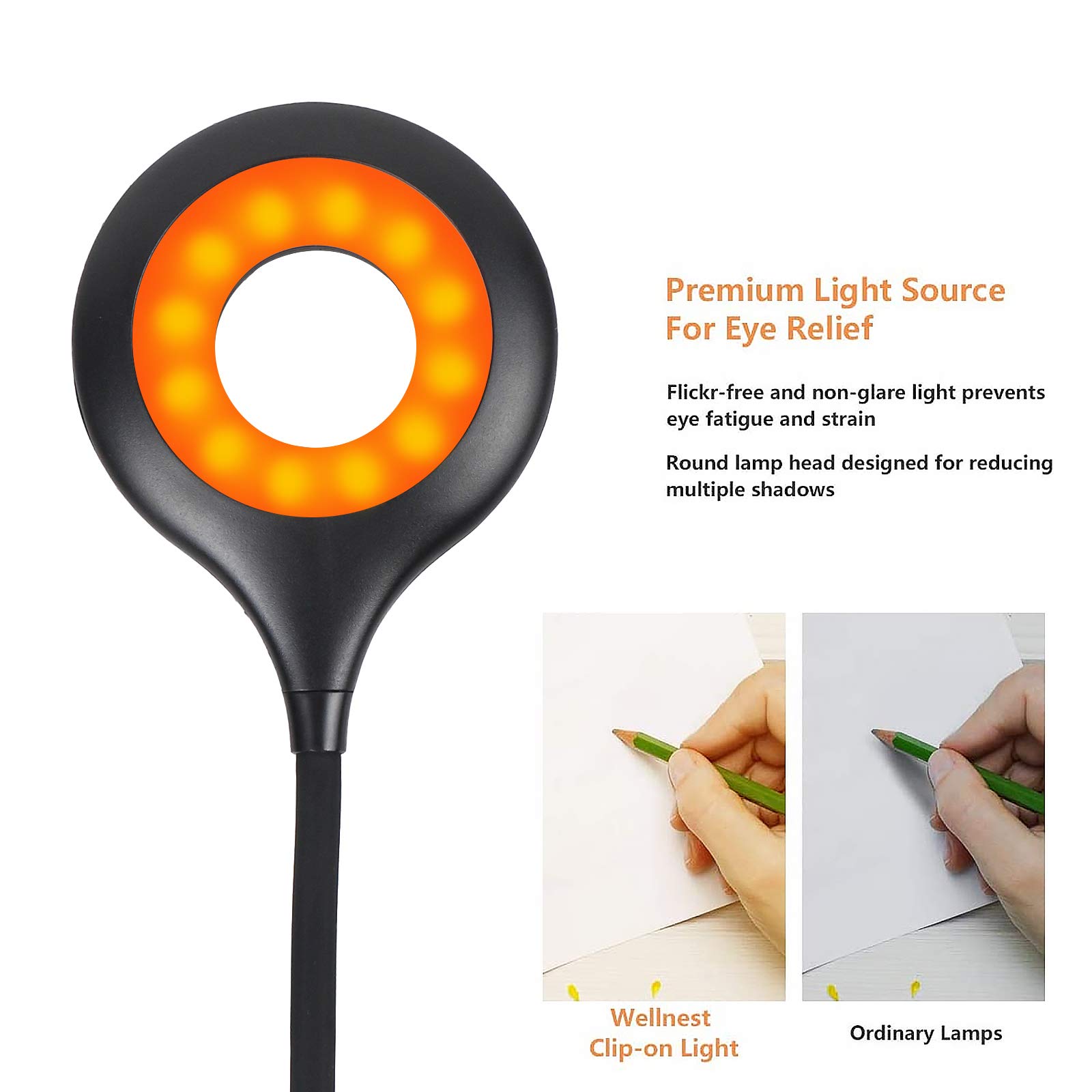 Rechargeable Clip-On Reading Light for Bed - Adjustable 5 Brightness Levels, Flexible Neck, Touch Control Dimmable Desk Lamp, Amber Night Light (Black) - Perfect for Reading in Bed, Studying, or as a Gentle Night Light