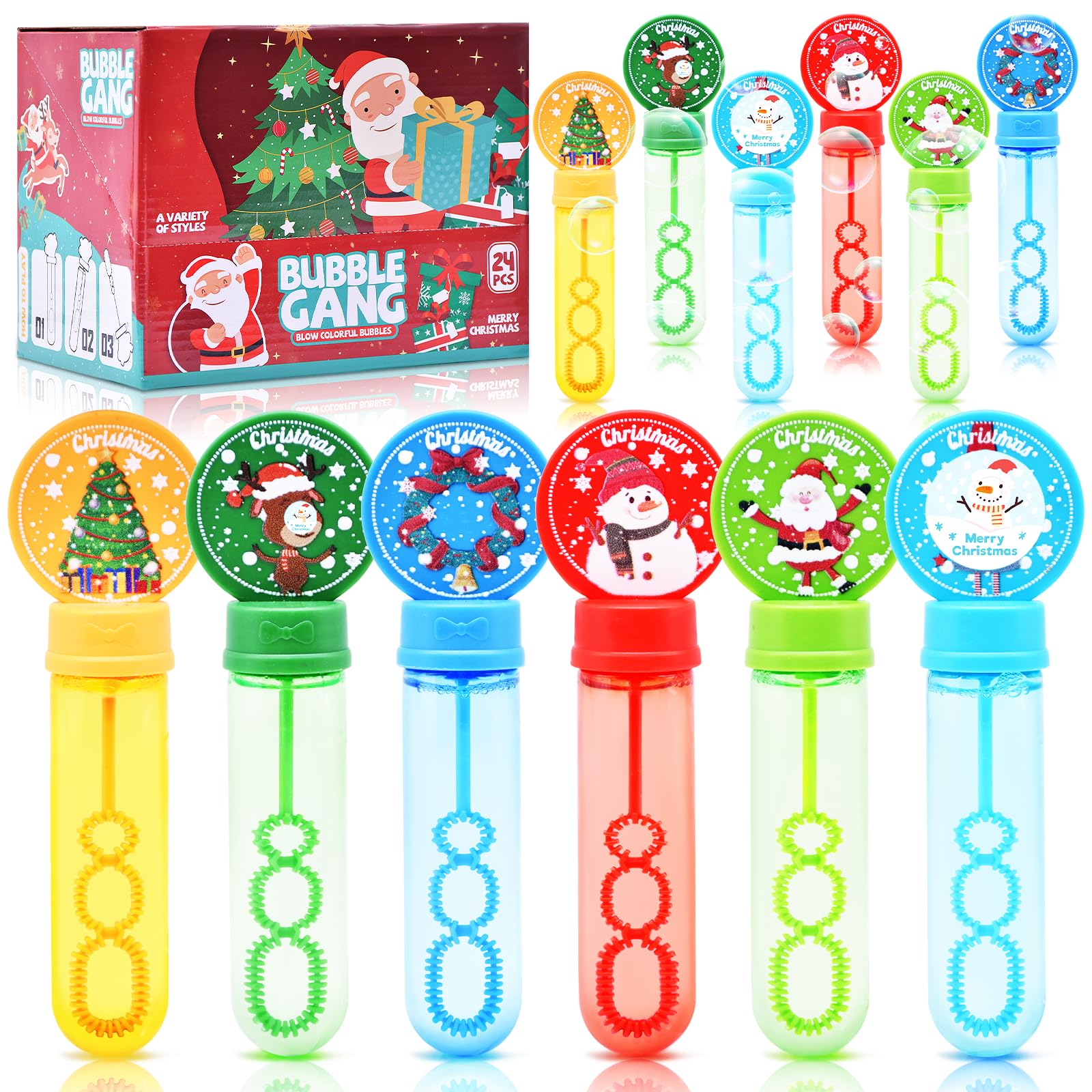 24 Pack Christmas Bubble Wands for Kids - Holiday Themed Bubble Sticks with Santa, Reindeer & Snowman Designs | Refillable Bubbles Bulk Toys for Stocking Stuffers, Boys Girls Gifts, Party Favors | Outdoor Play, Birthday Parties, Christmas Celebrations