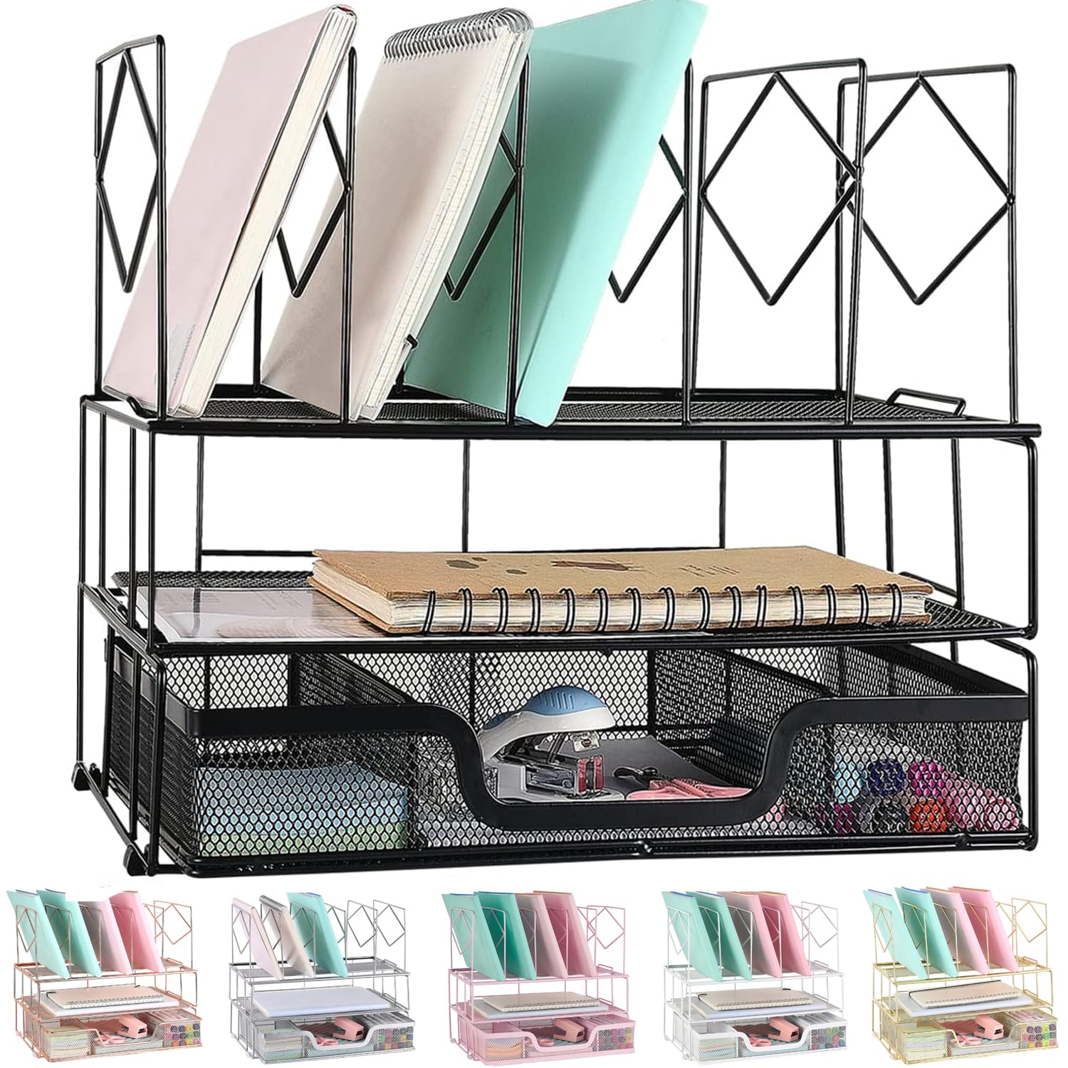 Gianotter Black Desk Organizer with Sliding Drawer, Double Tray & 5 Upright Sections - Office Supplies for Home & Office Workspace - Perfect for Organizing Pens, Papers, Files & Stationery