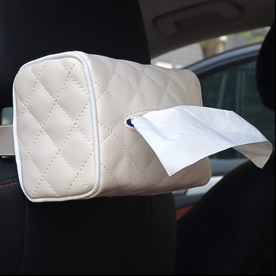 Premium PU Leather Universal Car Sun Visor & Backseat Organizer - Beige Hanging Tissue Holder for Vehicles | Perfect for Road Trips, Family Travel & Daily Commute