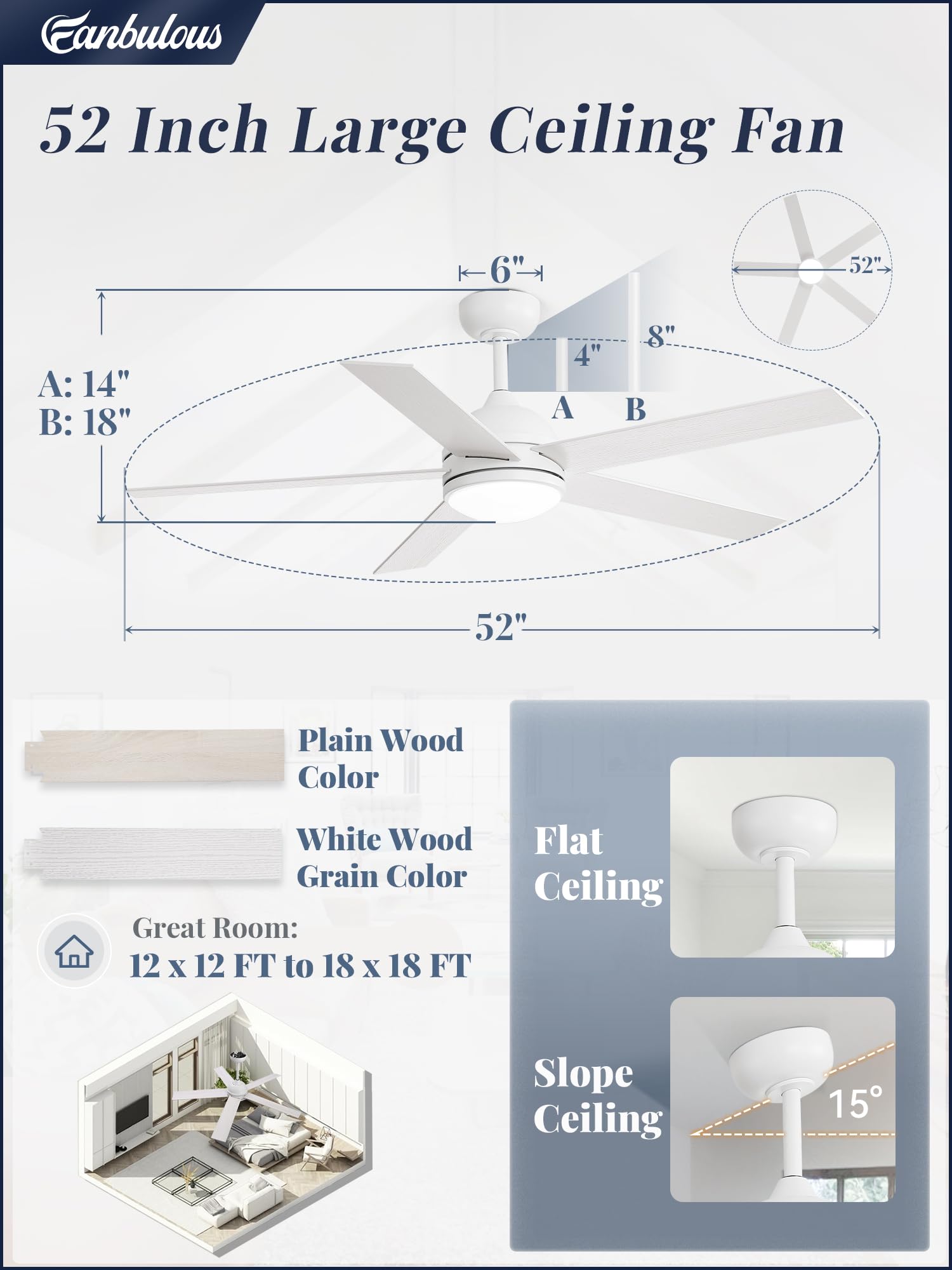 52 Inch White Ceiling Fan with Light & Remote - Modern LED High CFM Ceiling Fan Lighting Fixture for Bedroom, Kitchen, Living Room - Quiet Cooling for Home & Office Indoor Use