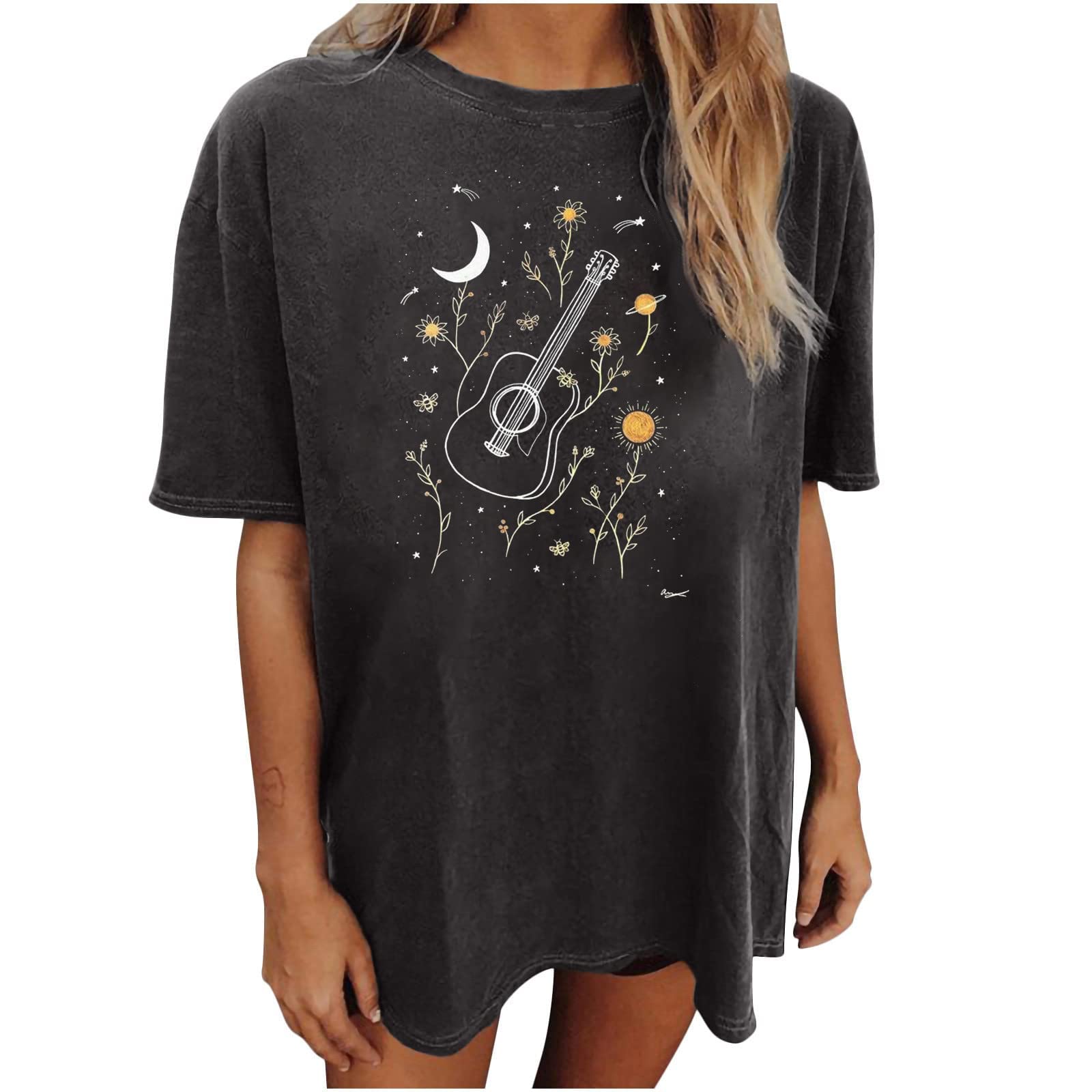 Women's Oversized Loose Floral Print T-Shirt - Wildflowers Moon Short Sleeve Blouse Top - Casual Summer Outfit, Beach Wear & Street Style Fashion