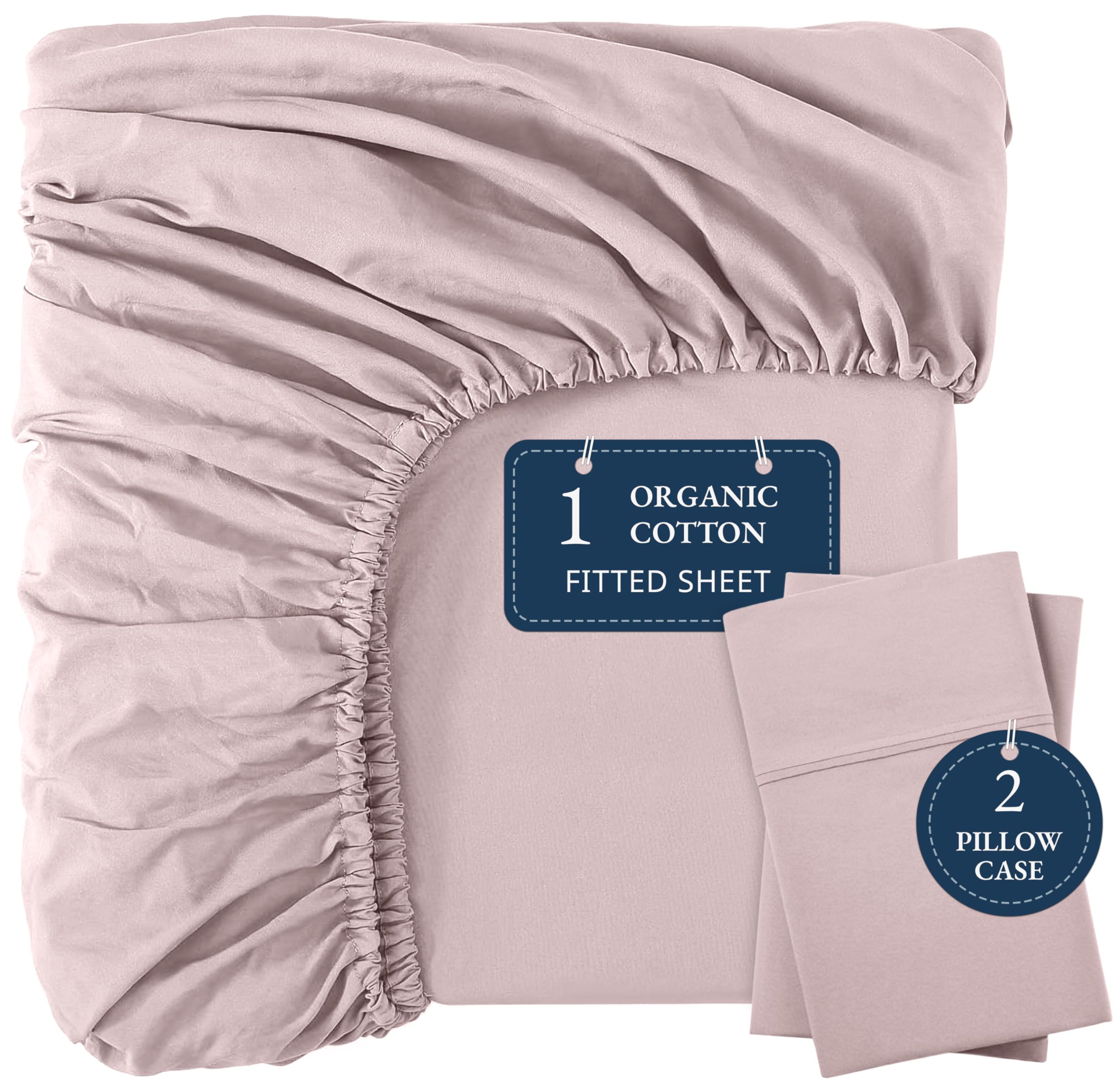 Organic Cotton Full Size Fitted Sheet Set - 3 Piece Percale Weave (1 Fitted Sheet + 2 Pillowcases) for 15
