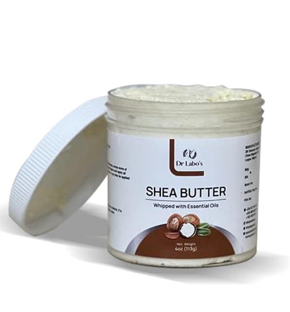 DR LABO'S Whipped Shea Butter with Essential Oils - 100% Raw Unrefined African Shea Butter for Skin, Hair & Nails Care - Deep Moisturizing & Nourishing Treatment for Dry Skin, Natural Hair Growth & Cuticle Repair - Perfect for Daily Skincare Routine & Spa Treatments