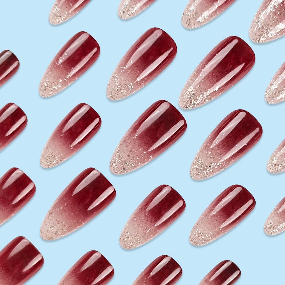 24 PCS Medium Almond Press on Nails - Wine Red Gradient Glossy Fake Nails with Full Cover Design | Reusable Glue on Artificial Nails for Women | Perfect for Parties, Weddings & Daily Wear