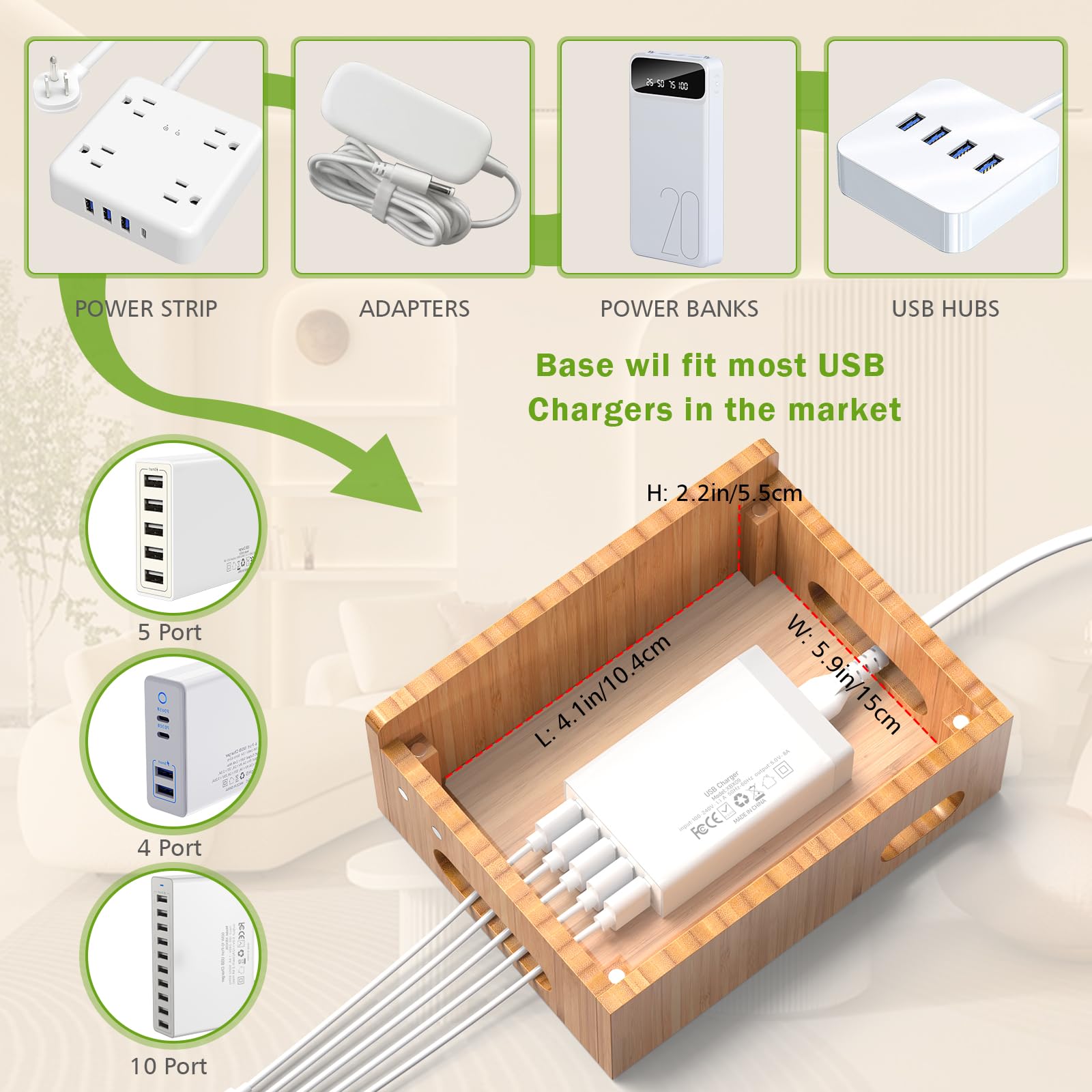 Pezin & Hulin Bamboo Charging Station Organizer - 5-Slot Multi Device Dock for iPhone, Android Phone, Tablet, SmartWatch & AirPods with 5 Included Cables (No USB Charger) | Perfect for Home Office, Bedside & Clutter-Free Desk Organization
