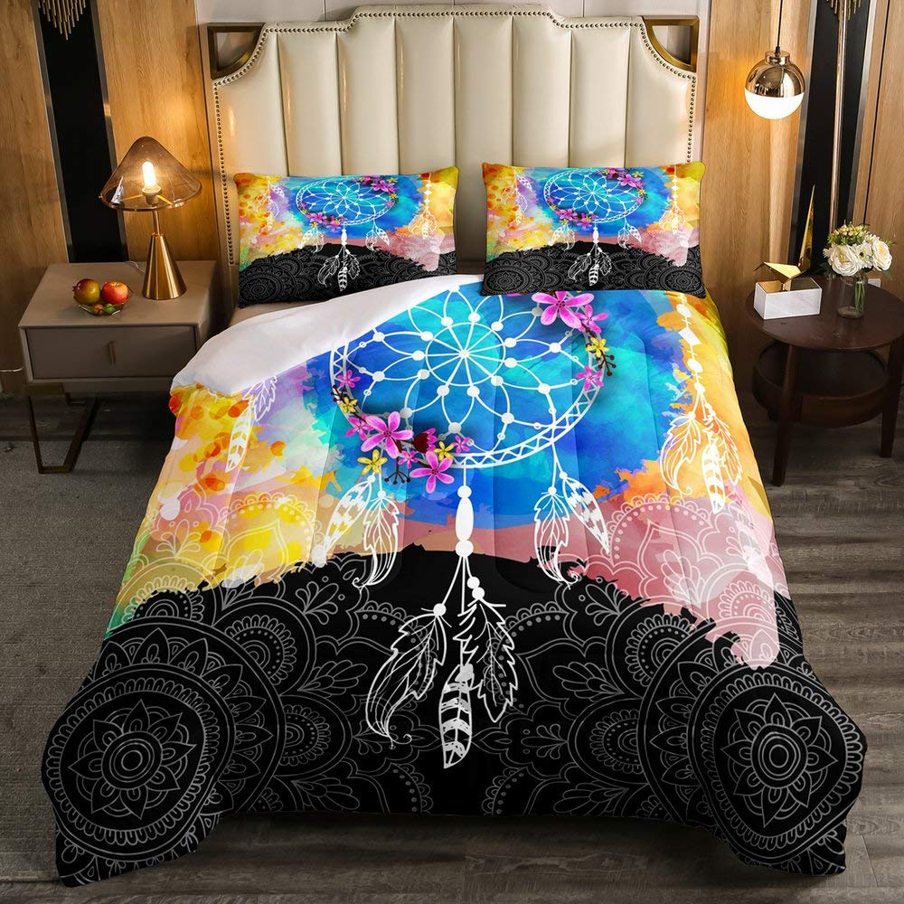 Bohemian Dreamcatcher Comforter Set - Queen Size Down Alternative Bedding with Mandala Tie Dye Design, Includes 1 Comforter & 2 Pillowcases - Perfect for Kids, Boys & Girls Bedrooms, Dorm Rooms, and Bohemian Style Home Decor