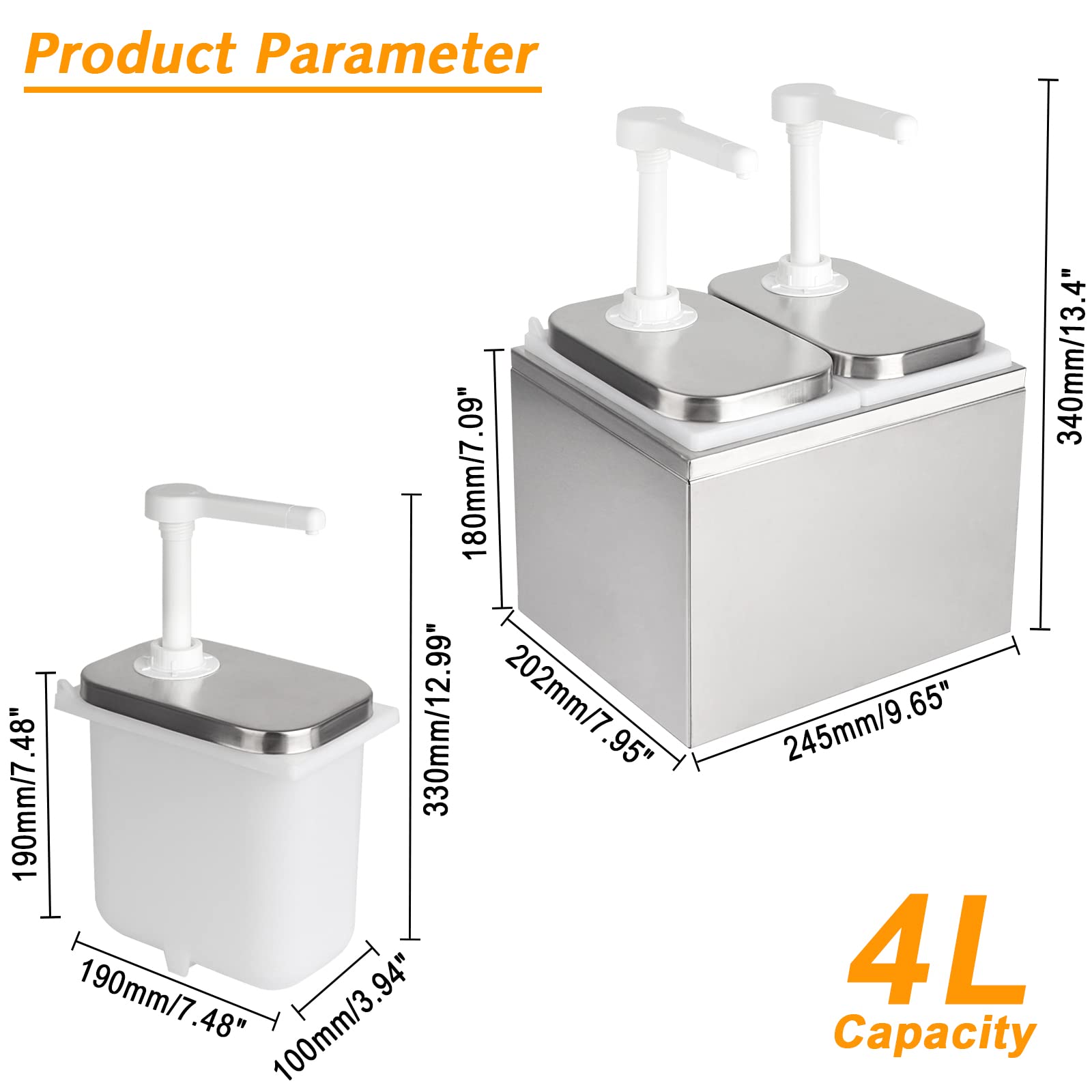 Manste 1Pack 4L Stainless Steel Condiment Pump Dispenser for Salad, Jam, Seasoning & Sauces - Commercial Kitchen, Restaurant & Home Use