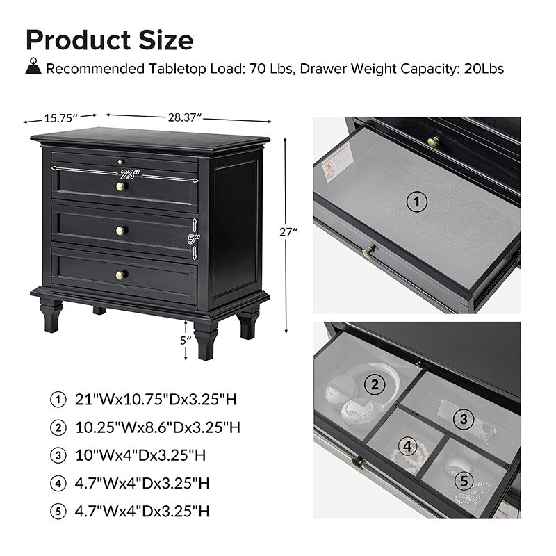Galatea 3-Drawer Nightstand with USB Charging Ports & Power Outlets - Modern Bedside Table with Storage for Bedroom, Living Room or Office