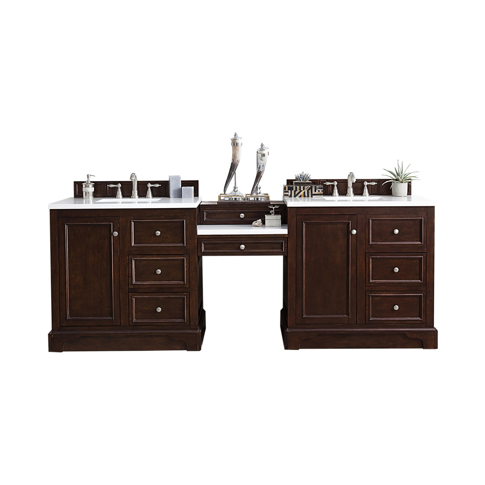 De Soto 94 Double Vanity Set with Makeup Table - Burnished Mahogany Finish & 3CM Classic White Quartz Top | Perfect for Master Bathroom Remodel & Luxury Home Decor