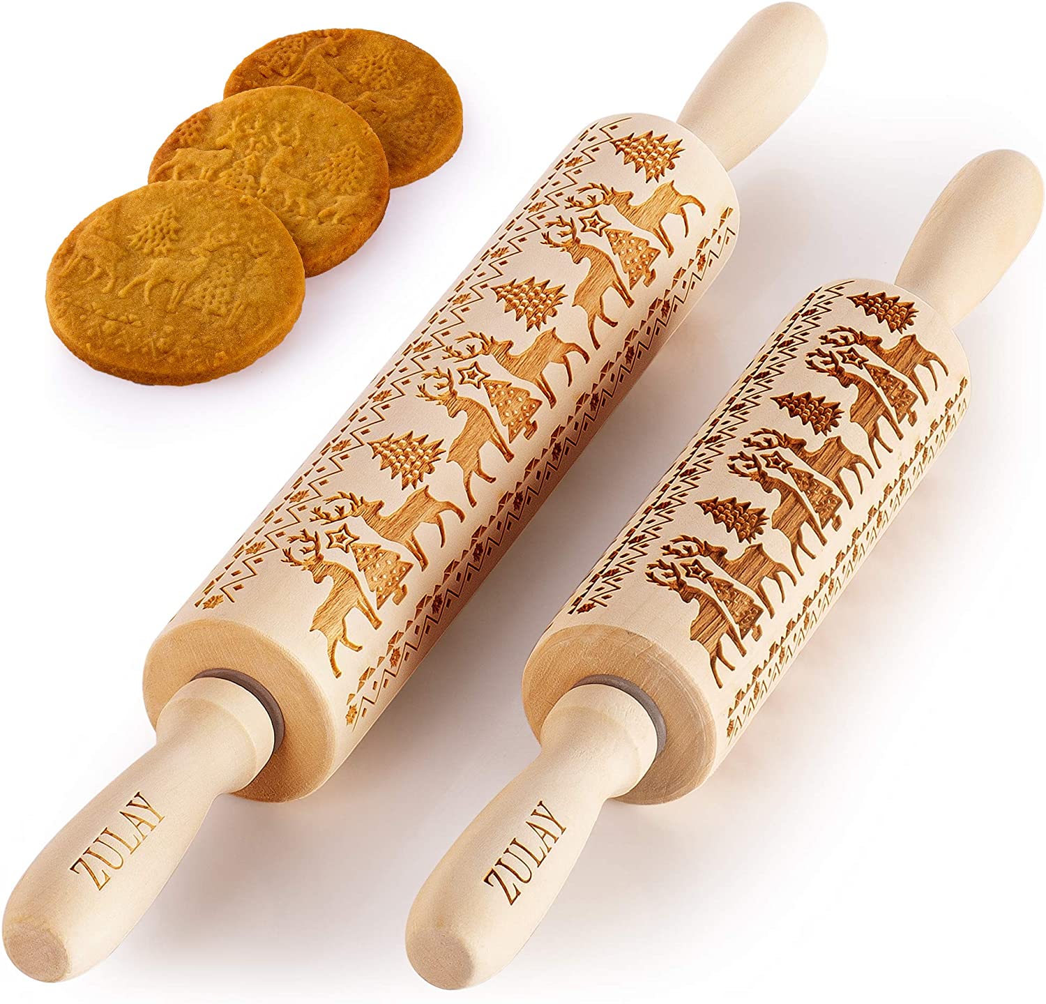(Set of 2) Handcrafted Wooden Christmas Cookie Rolling Pin - Perfect for Holiday Baking, Gingerbread Cookies & Festive DIY Decorations