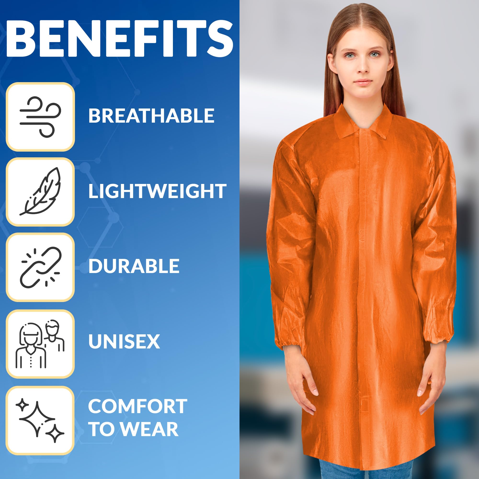 ABC PACK & SUPPLY Orange Disposable Lab Coats for Adults - 3X-Large (Pack of 50) | Polyethylene Coated Polypropylene | Medical Grade | Hook & Loop Closure | No Pockets | Ideal for Laboratories, Cleanrooms & Healthcare Facilities