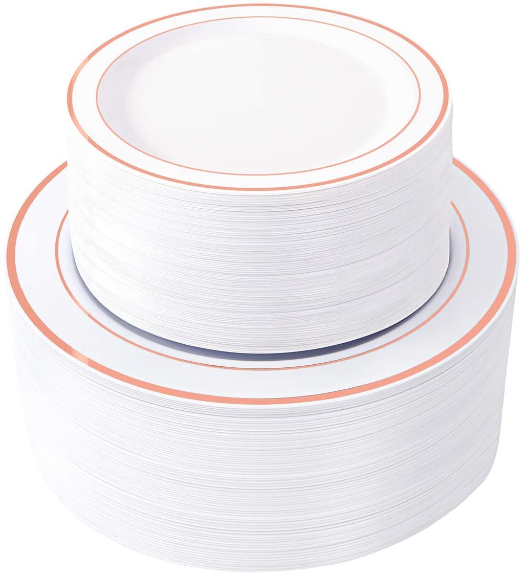 120-Piece Rose Gold Disposable Plastic Plates & 180-Piece Rose Gold Plastic Cutlery Set - Elegant Party Dinnerware for Weddings, Birthdays, and Events