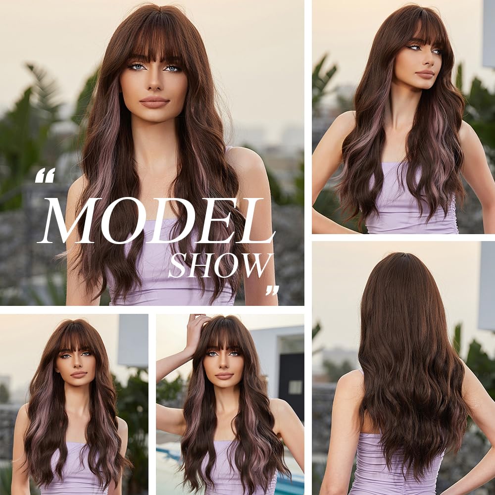 Stylish Brown Wig with Pink Highlights for Women - Perfect for Cosplay, Halloween, and Daily Fashion