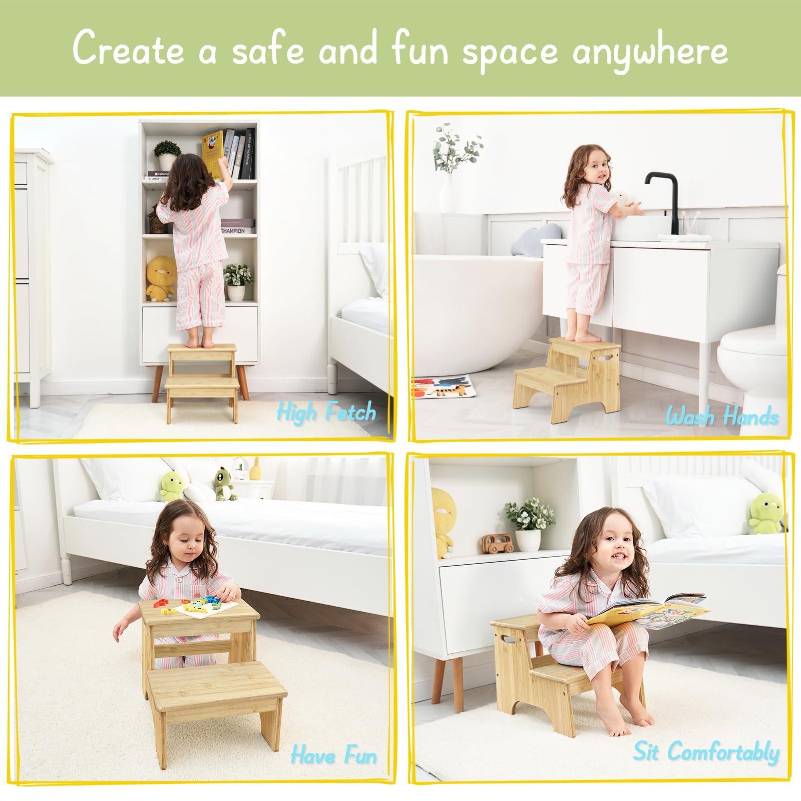 Forbena 2-Step Wooden Bathroom Step Stool for Toddlers & Kids - Non-Slip Bamboo Stool for Sink, Kitchen Counter & Potty Training - Heavy Duty Children's Step Stool with Handles for Safety | Perfect for Bathroom, Kitchen & Toilet Use