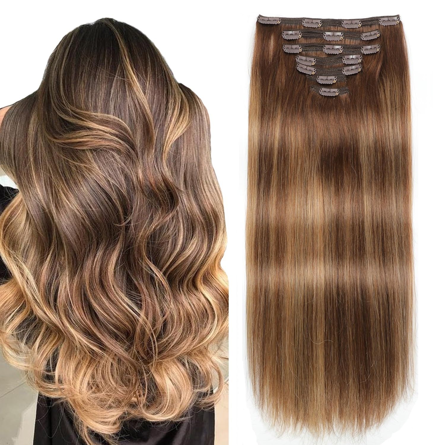 Sisily 22 Inch Clip in Human Hair Extensions - 170g 7pcs Real Human Hair Weft, Straight Double Weft Chocolate Brown to Caramel Blonde | Perfect for Daily Styling, Parties, Weddings & Special Occasions